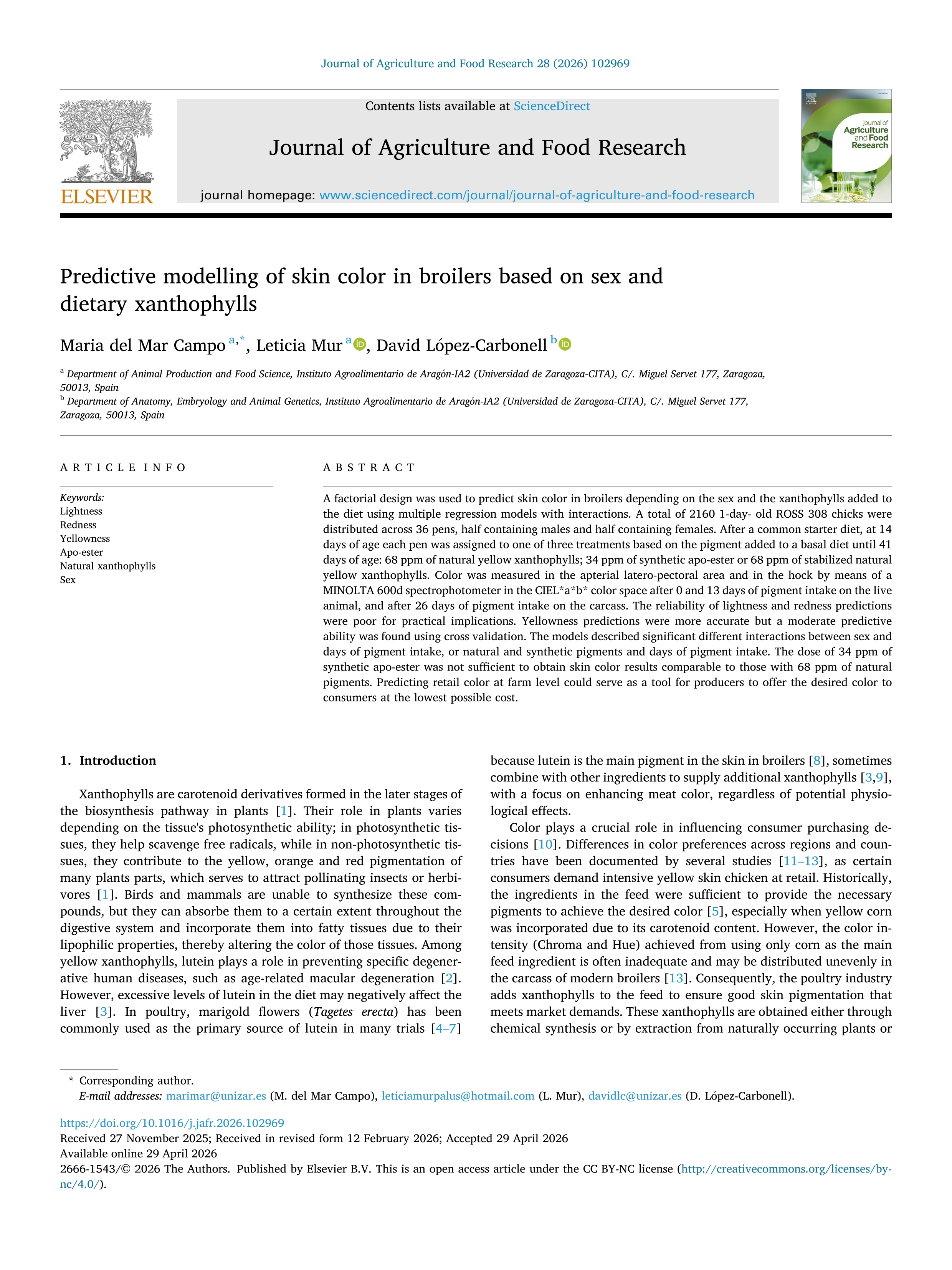 Predictive modelling of skin color in broilers based on sex and dietary xanthophylls