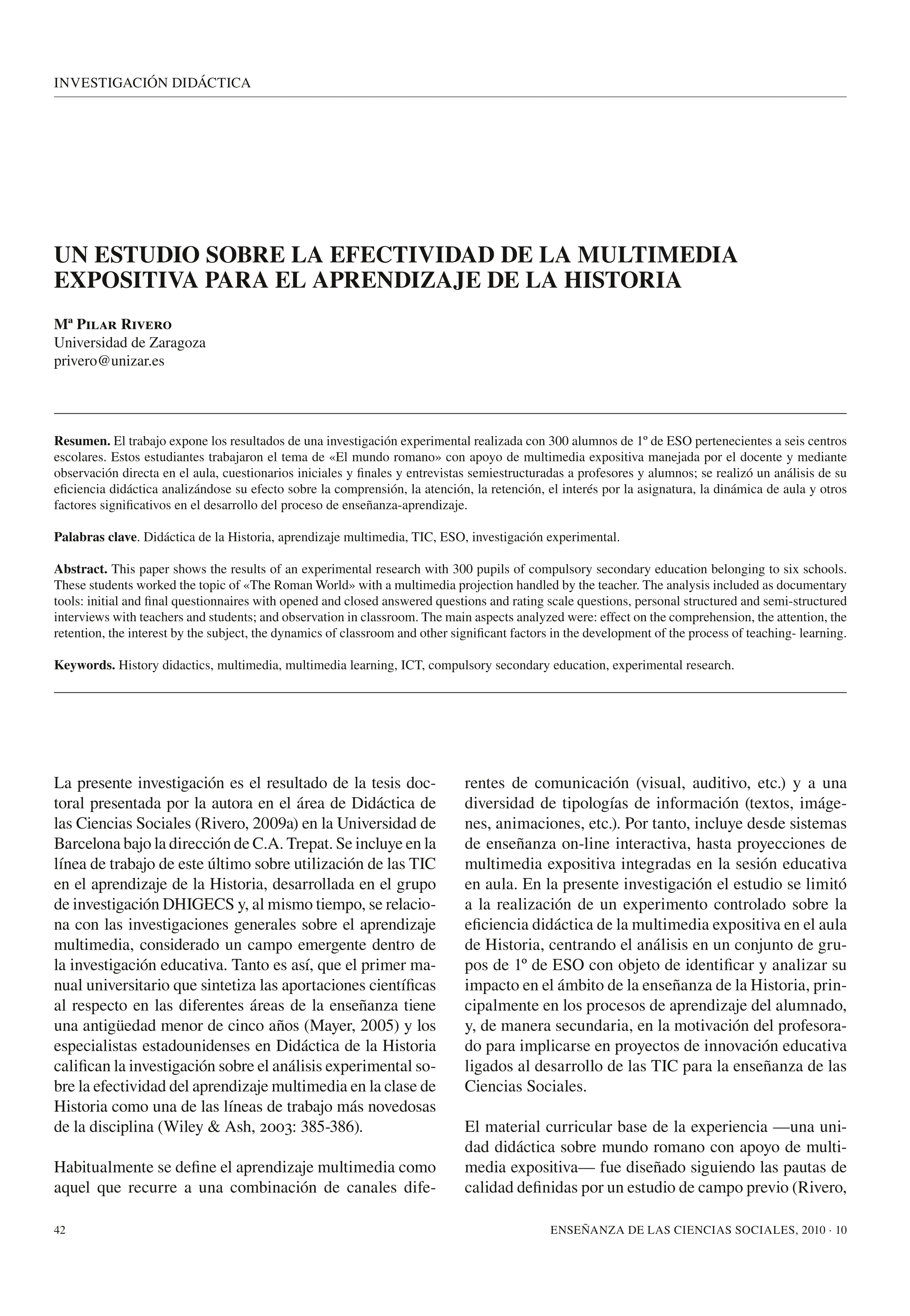 Un estudio sobre la efectividad de la multimedia expositiva para el aprendizaje de la Historia