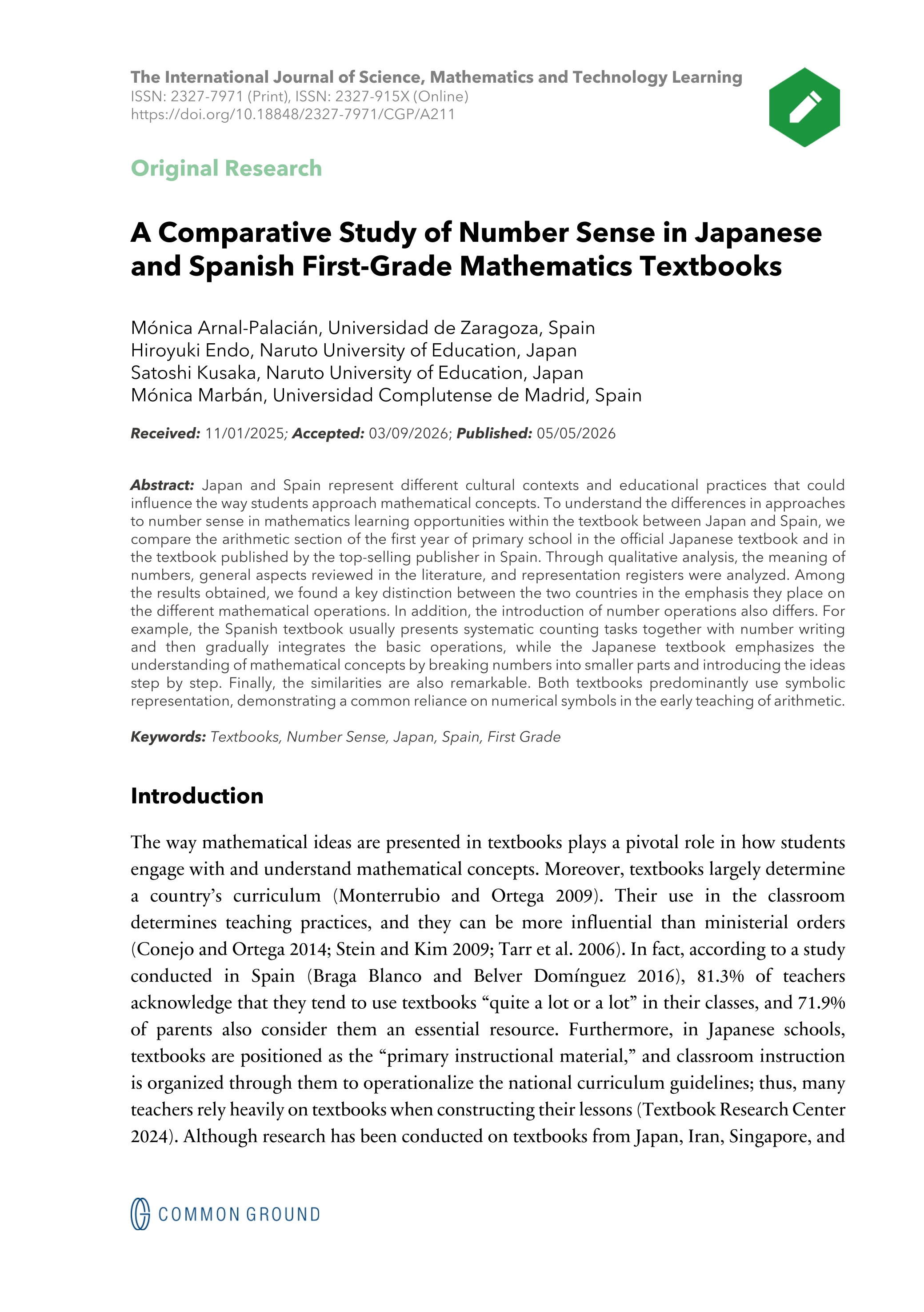 A Comparative Study of Number Sense in Japanese and Spanish First-Grade Mathematics Textbooks