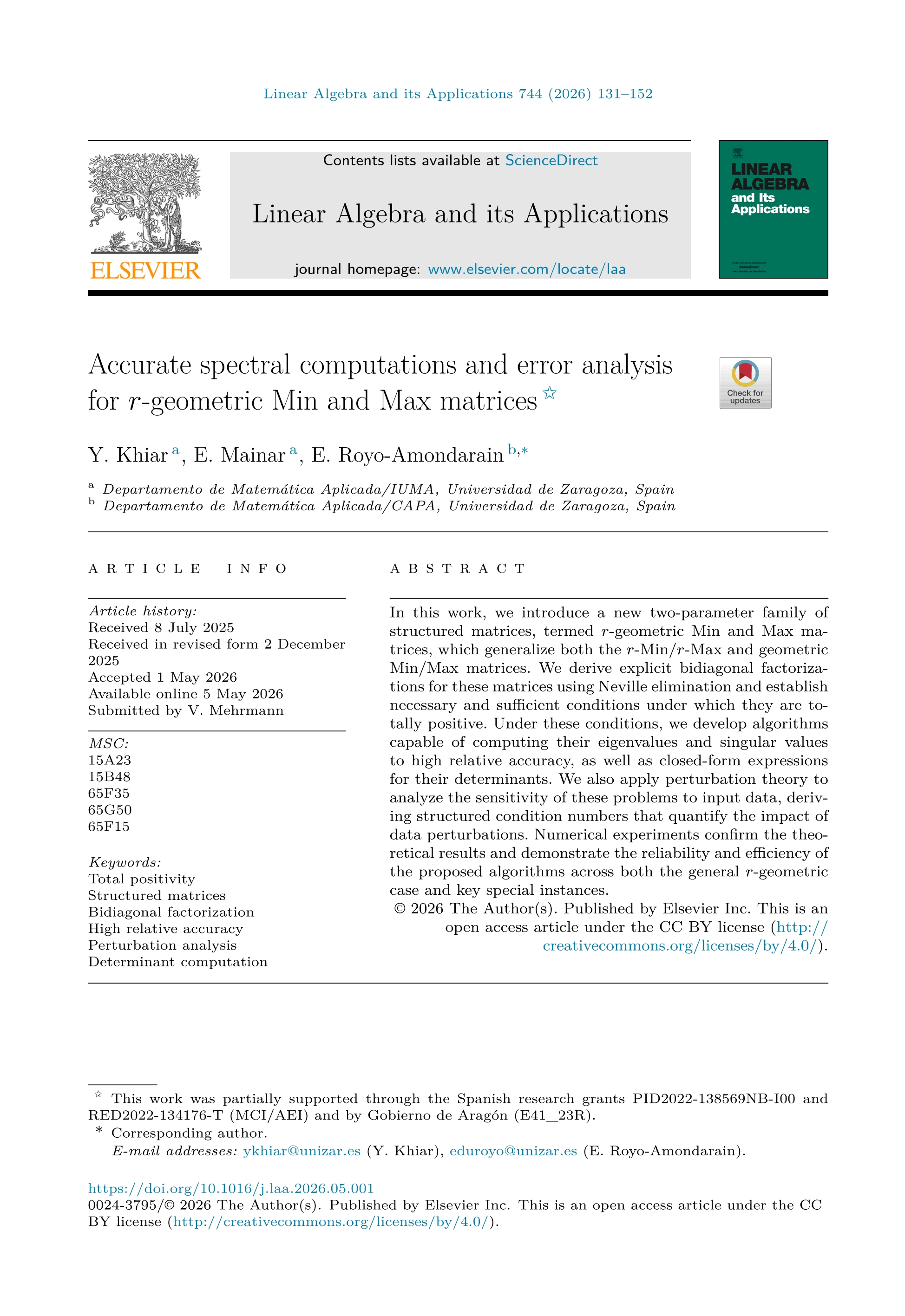 Accurate spectral computations and error analysis for r-geometric Min and Max matrices
