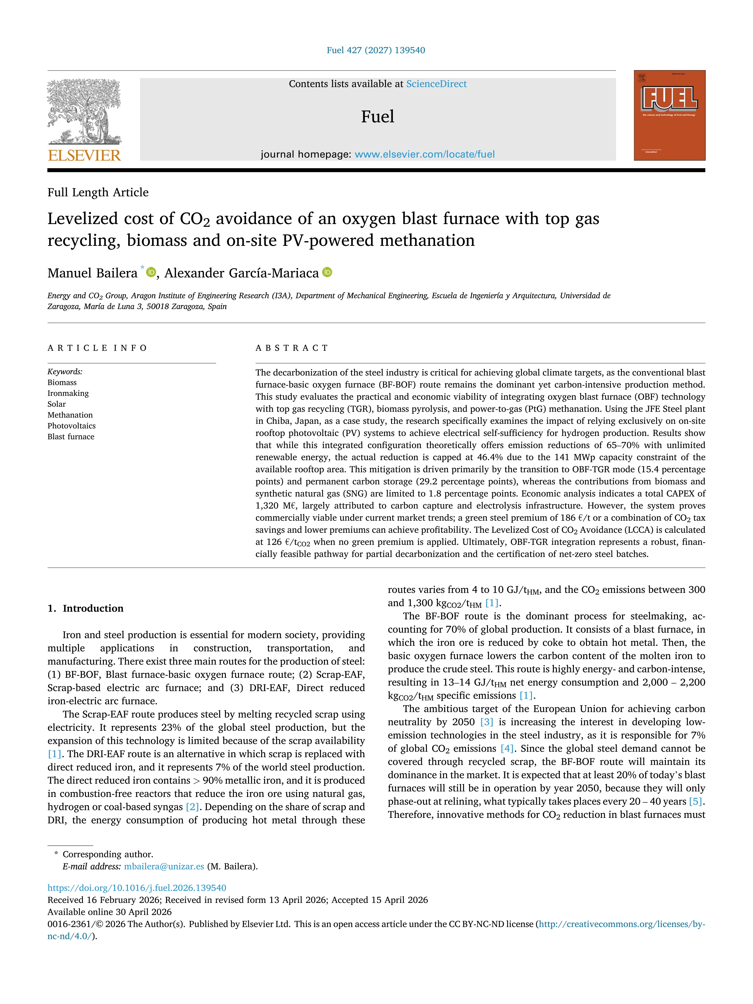 Levelized cost of CO2 avoidance of an oxygen blast furnace with top gas recycling, biomass and on-site PV-powered methanation