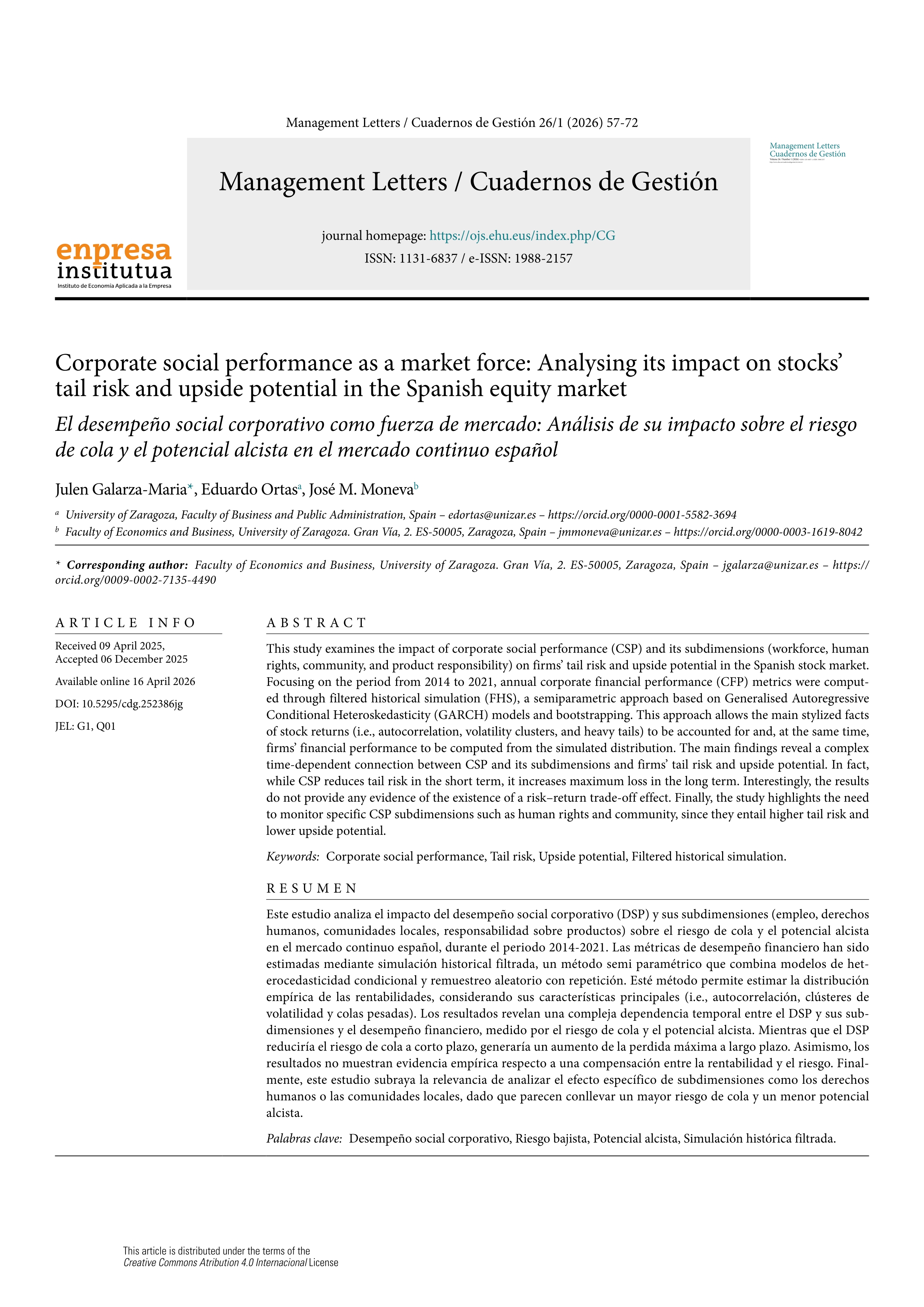 Corporate social performance as a market force: Analysing its impact on stocks’ tail risk and upside potential in the Spanish equity market