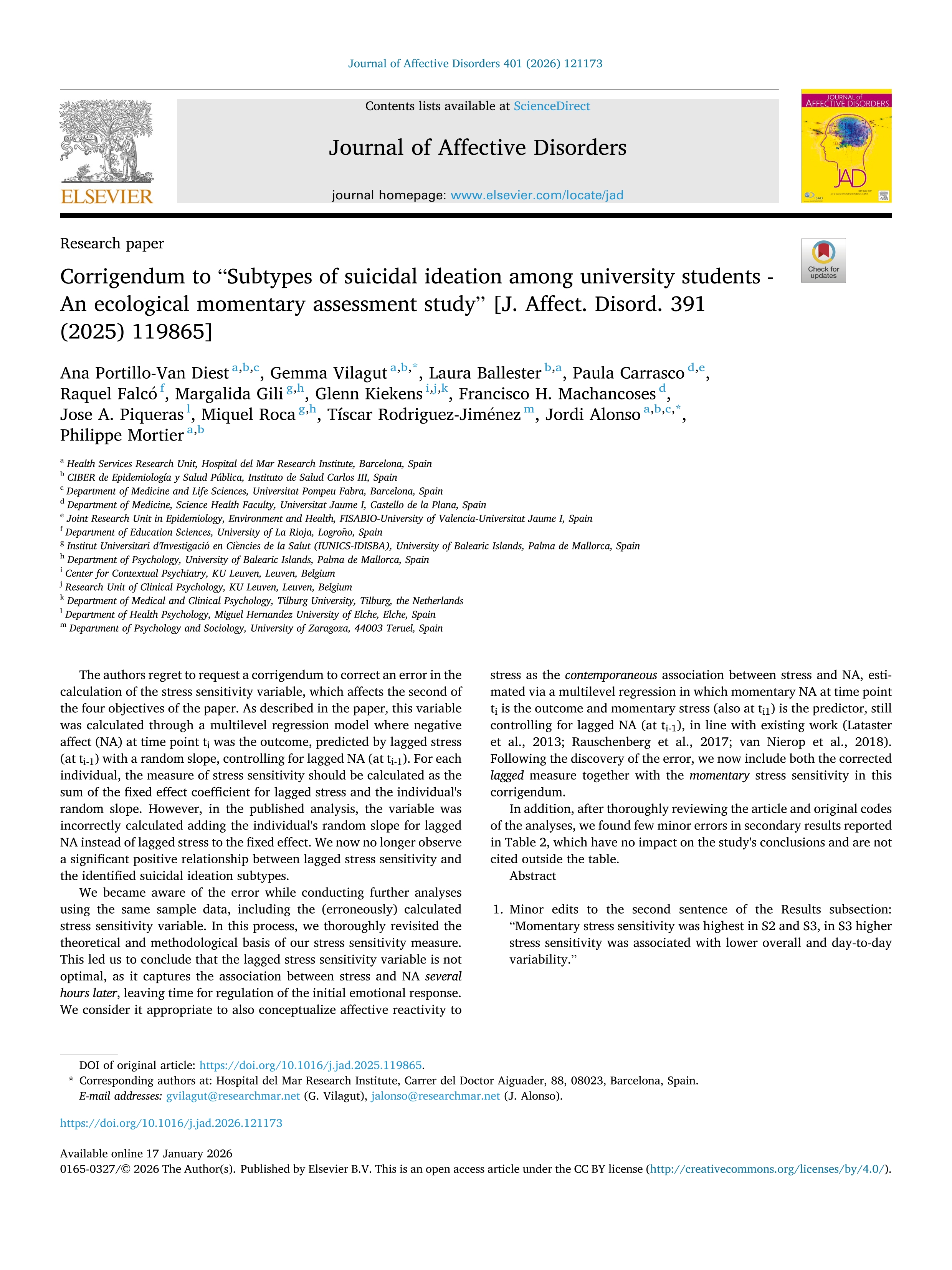 Corrigendum to “Subtypes of suicidal ideation among university students - An ecological momentary assessment study” [J. Affect. Disord. 391 (2025) 119865]