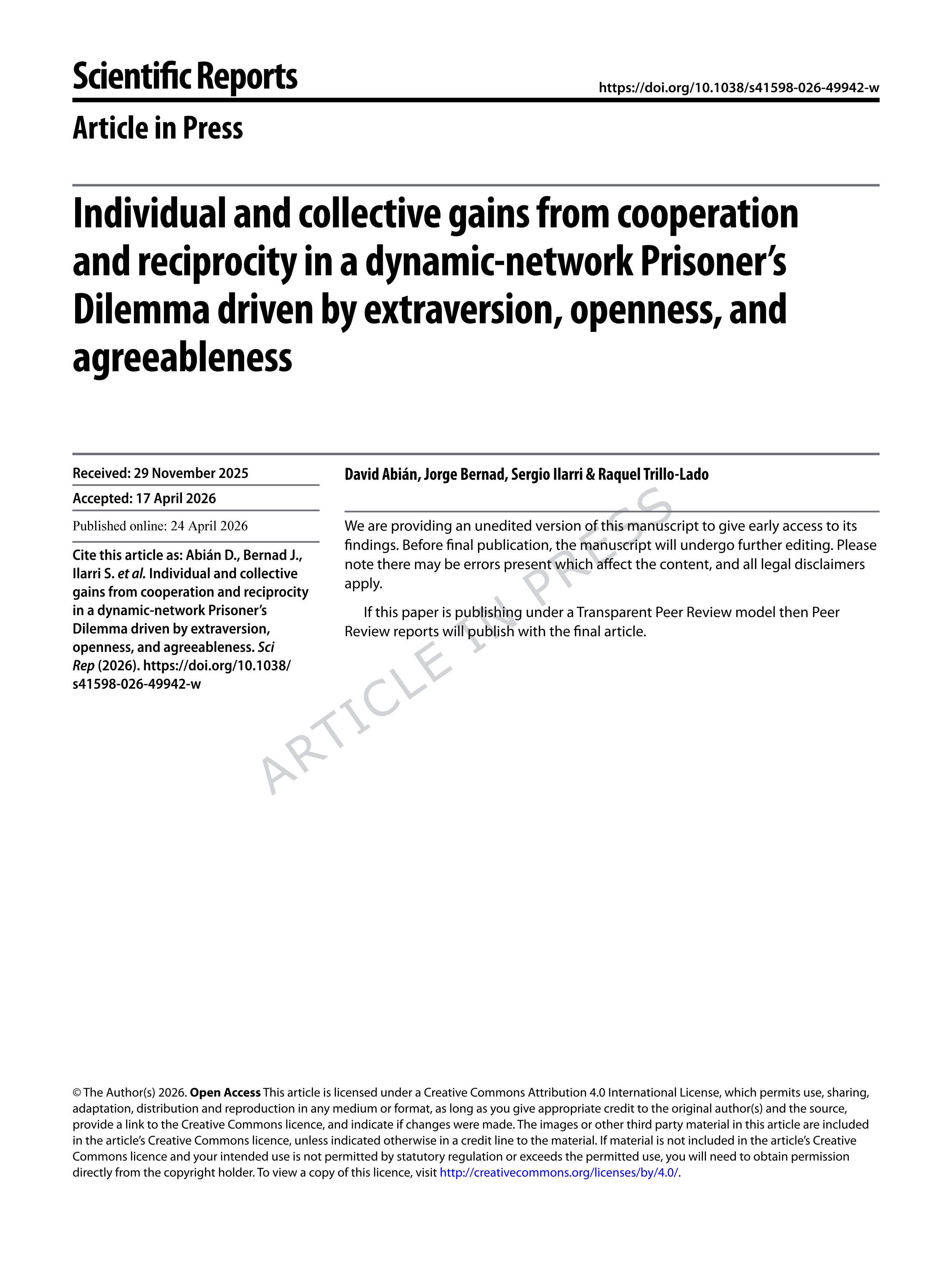 Individual and collective gains from cooperation and reciprocity in a dynamic-network Prisoner’s Dilemma driven by extraversion, openness, and agreeableness