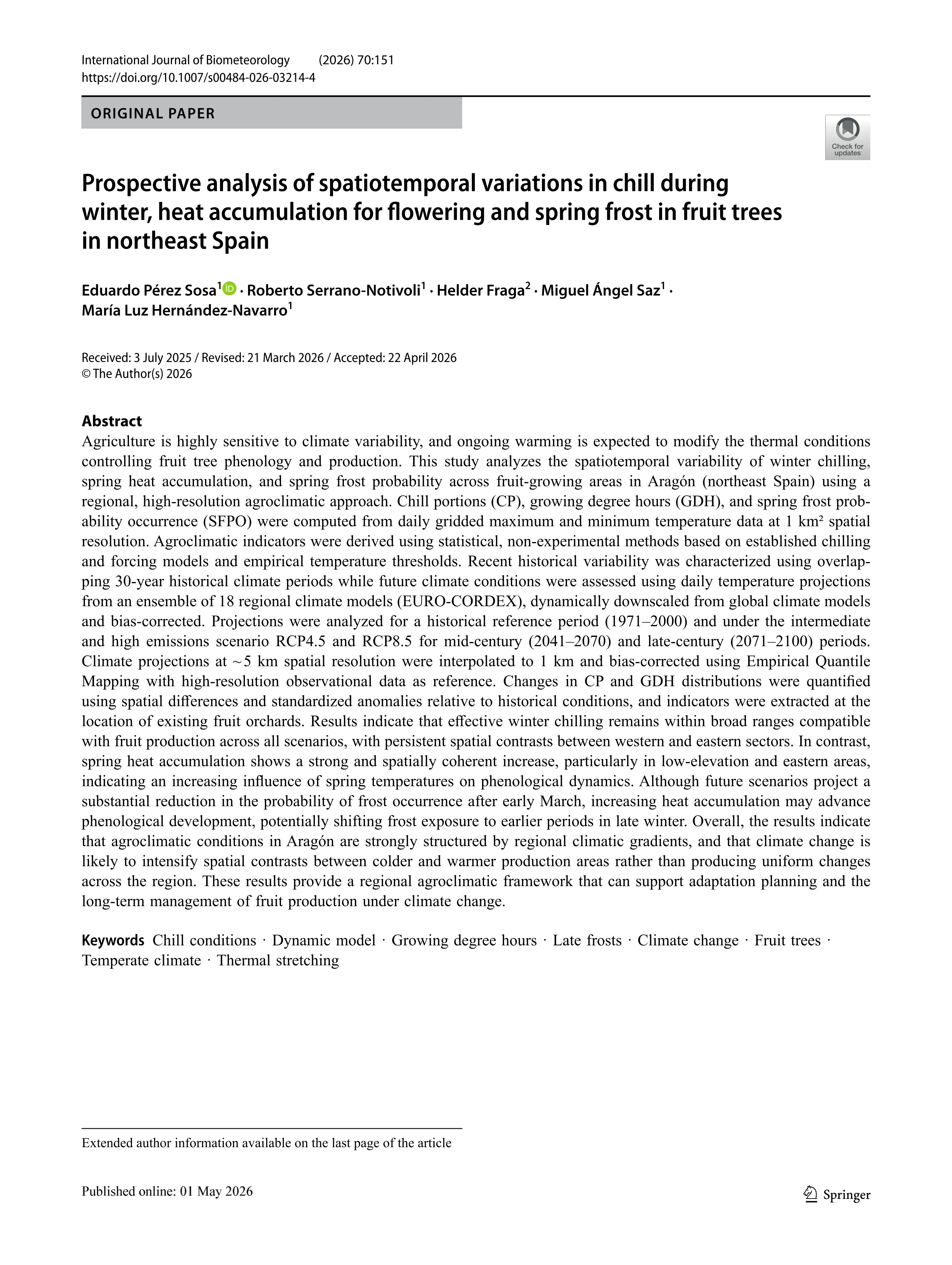 Prospective analysis of spatiotemporal variations in chill during winter, heat accumulation for flowering and spring frost in fruit trees in northeast Spain