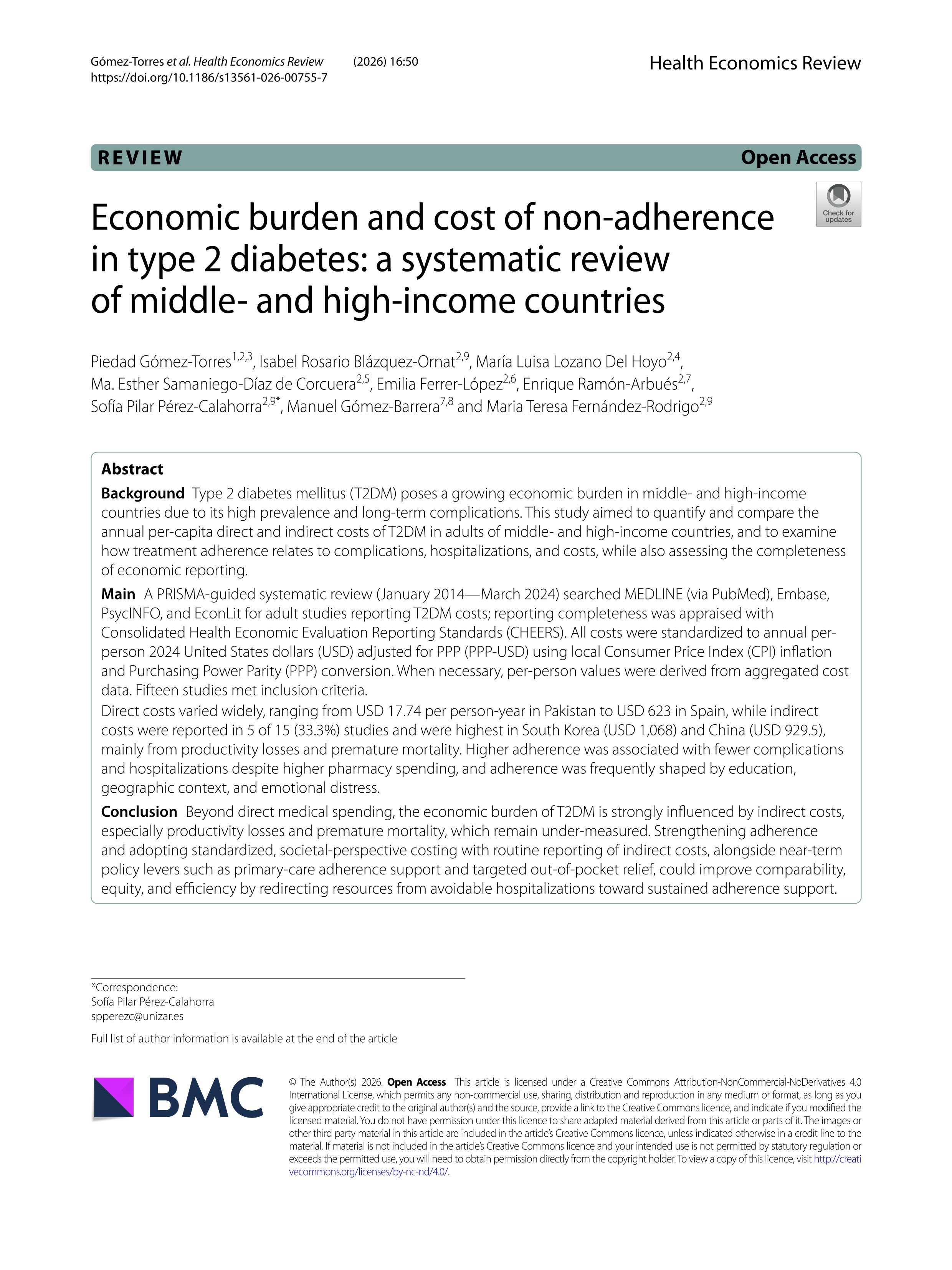 Economic burden and cost of non-adherence in type 2 diabetes: a systematic review of middle- and high-income countries
