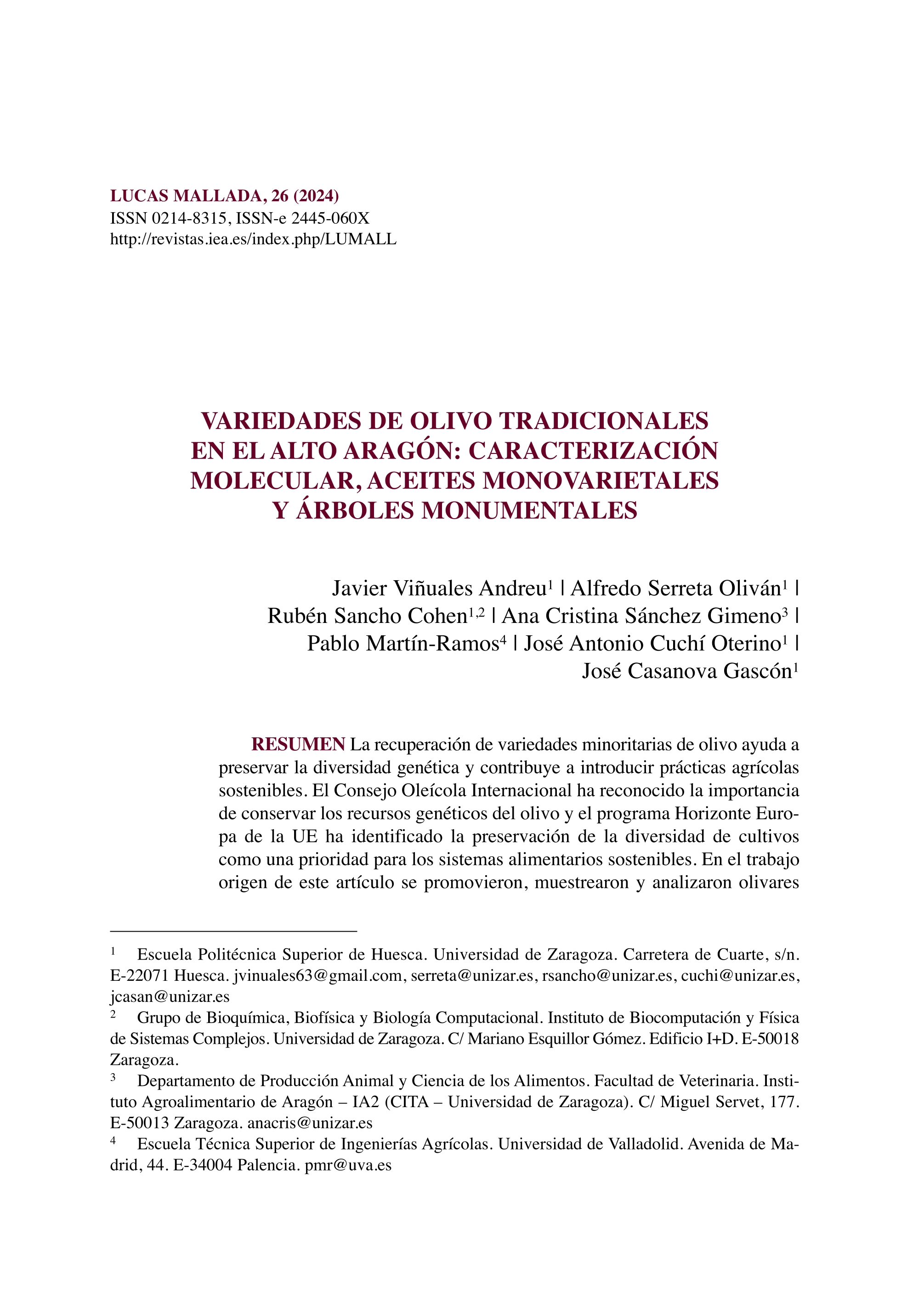 Variedades de olivo tradicionales en el Alto Aragón: Caracterización molecular, aceites monovarietales y árboles monumentales