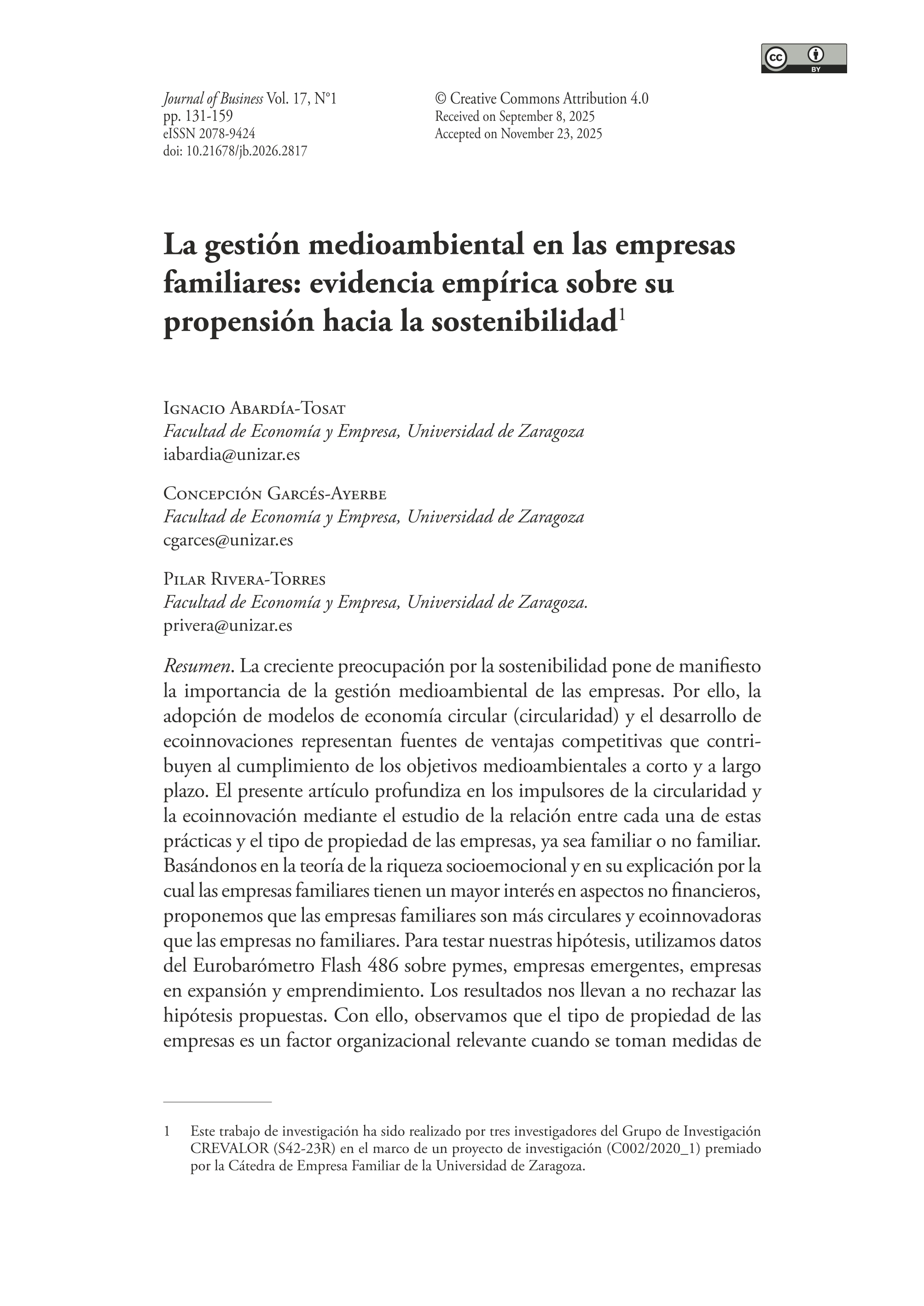 La gestión medioambiental en las empresas familiares: evidencia empírica sobre su propensión hacia la sostenibilidad