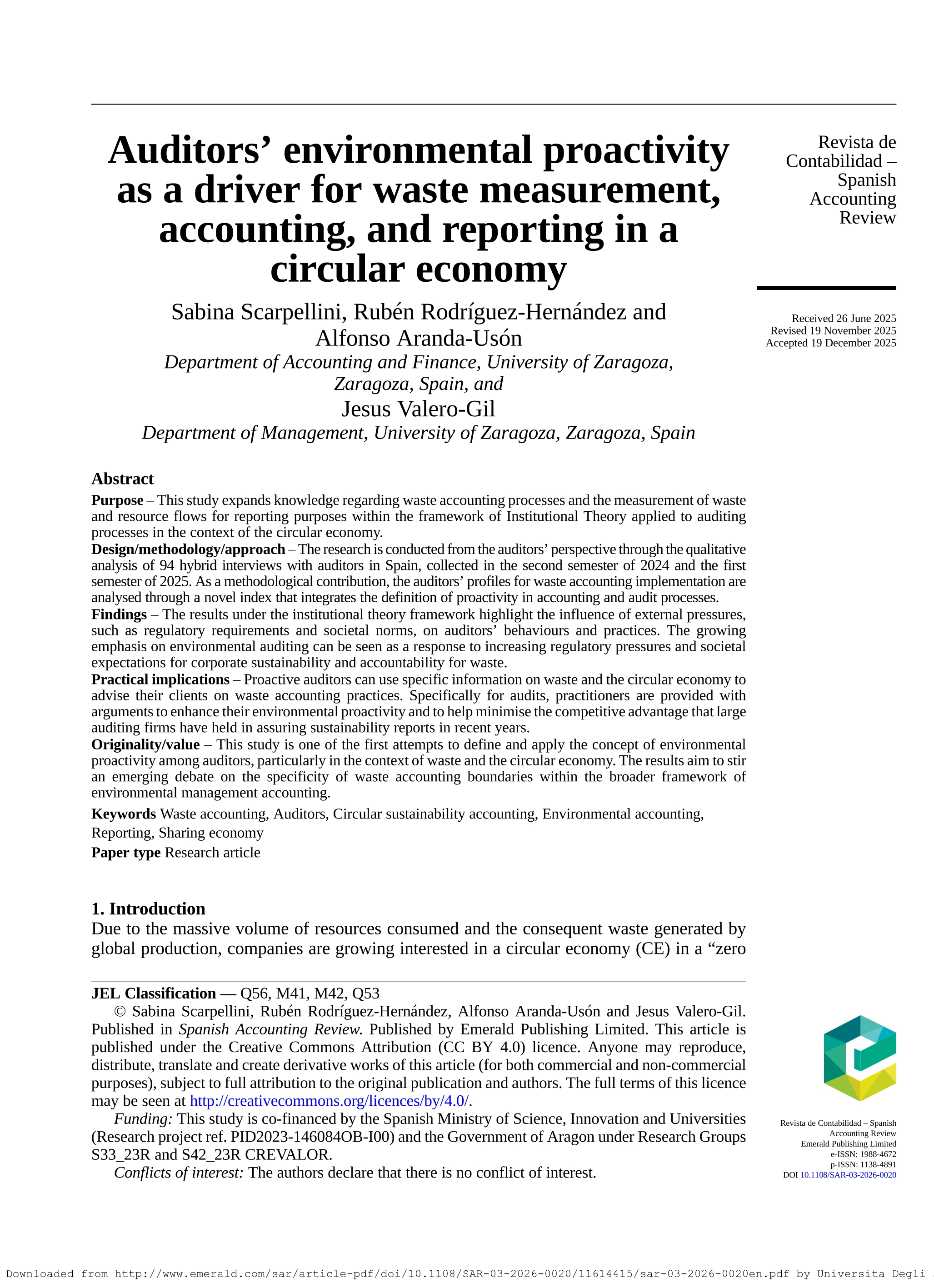 Auditors’ environmental proactivity as a driver for waste measurement, accounting, and reporting in a circular economy