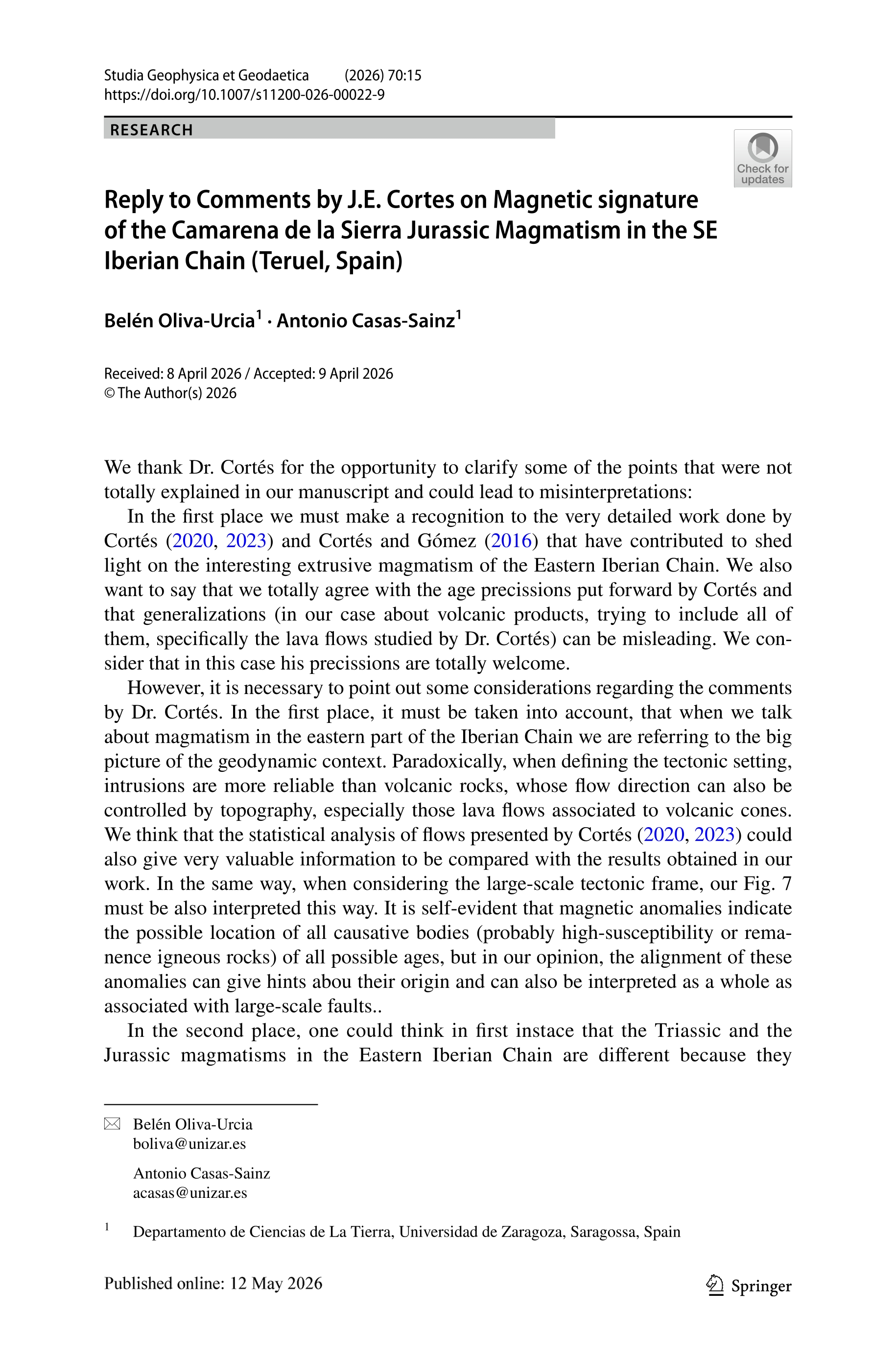 Reply to Comments by J. E. Cortes on Magnetic signature of the Camarena de la Sierra Jurassic Magmatism in the SE Iberian Chain (Teruel, Spain)