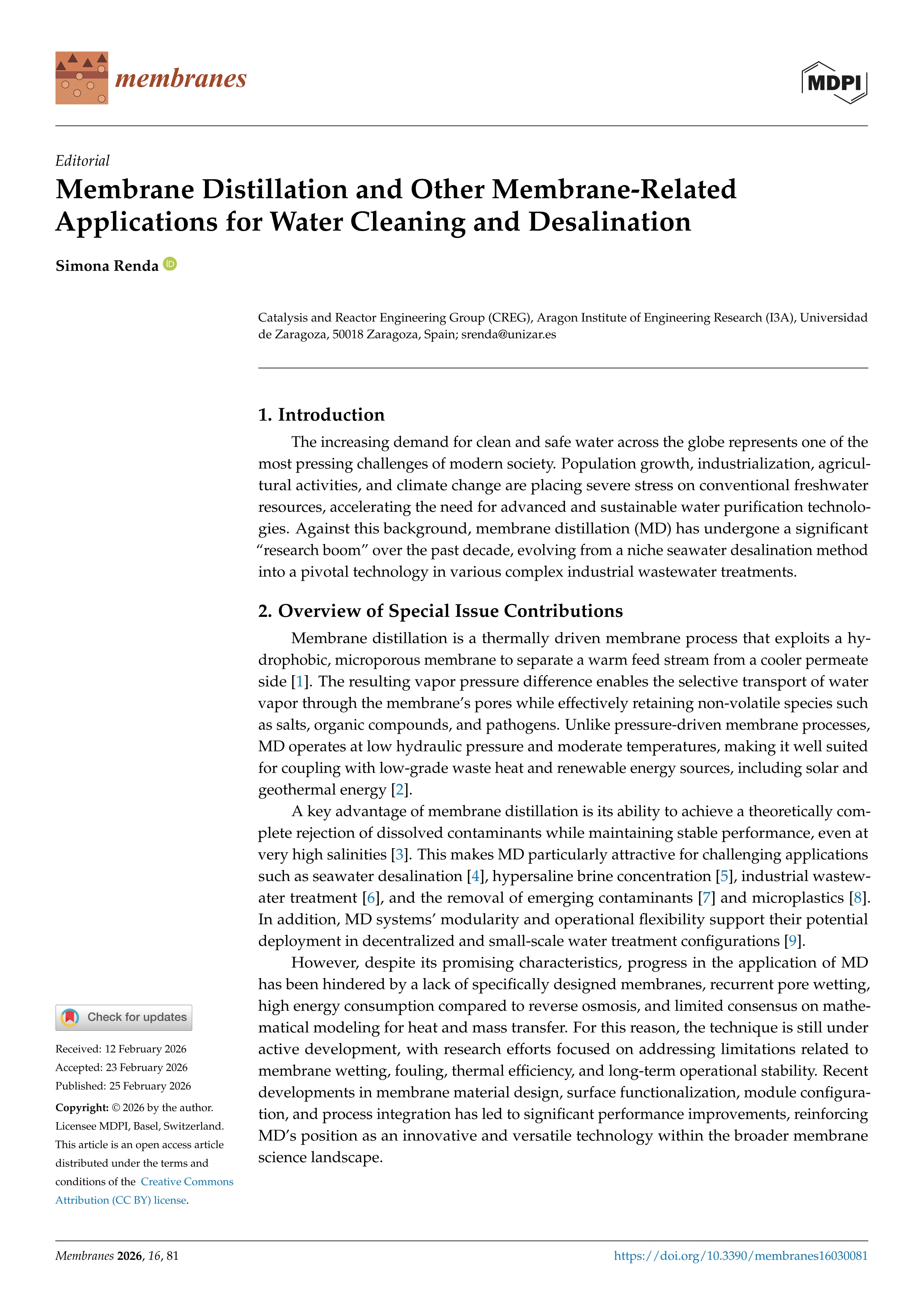 Membrane Distillation and Other Membrane-Related Applications for Water Cleaning and Desalination