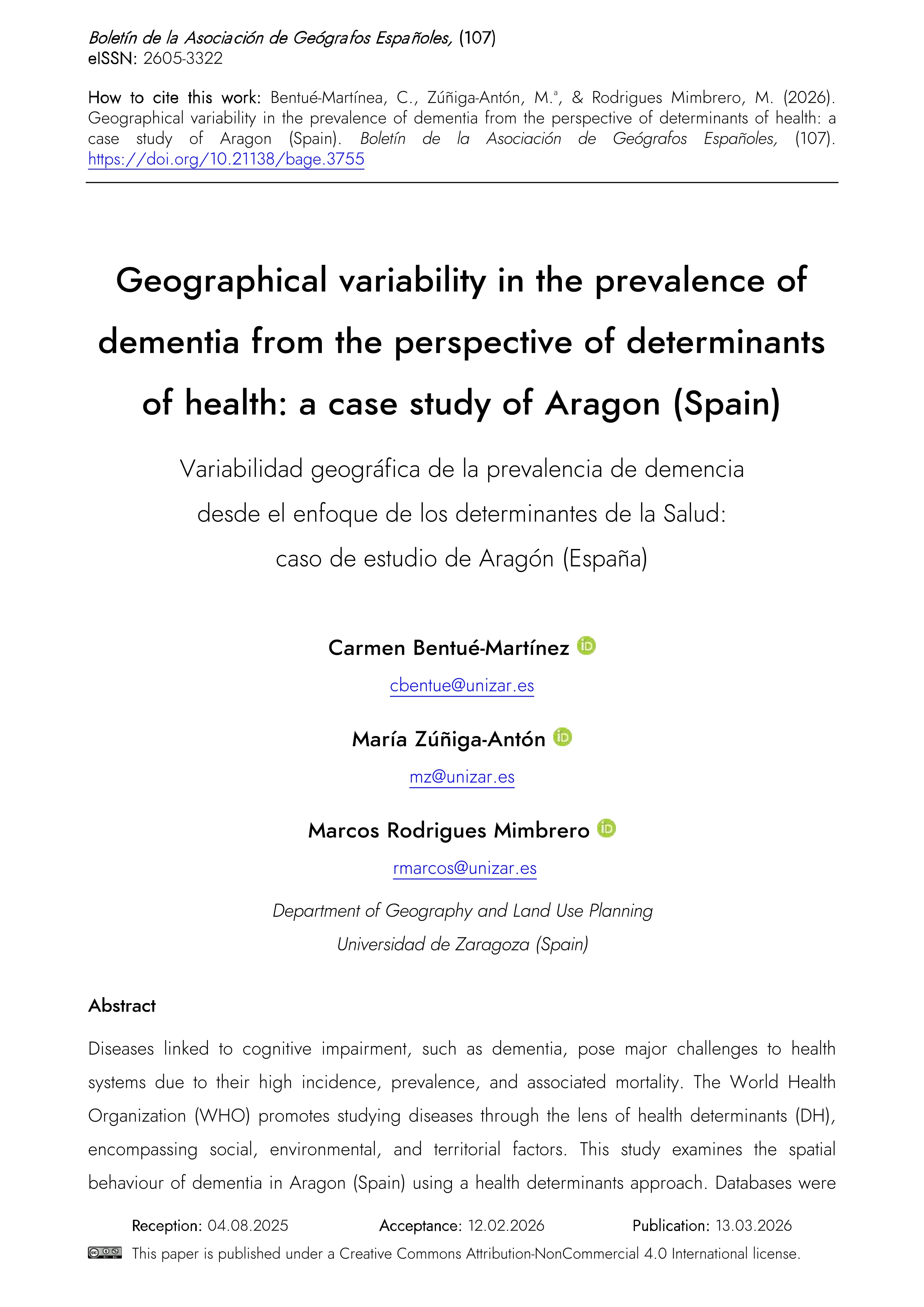 Geographical variability in the prevalence of dementia from the perspective of determinants of health: a case study of Aragon (Spain)