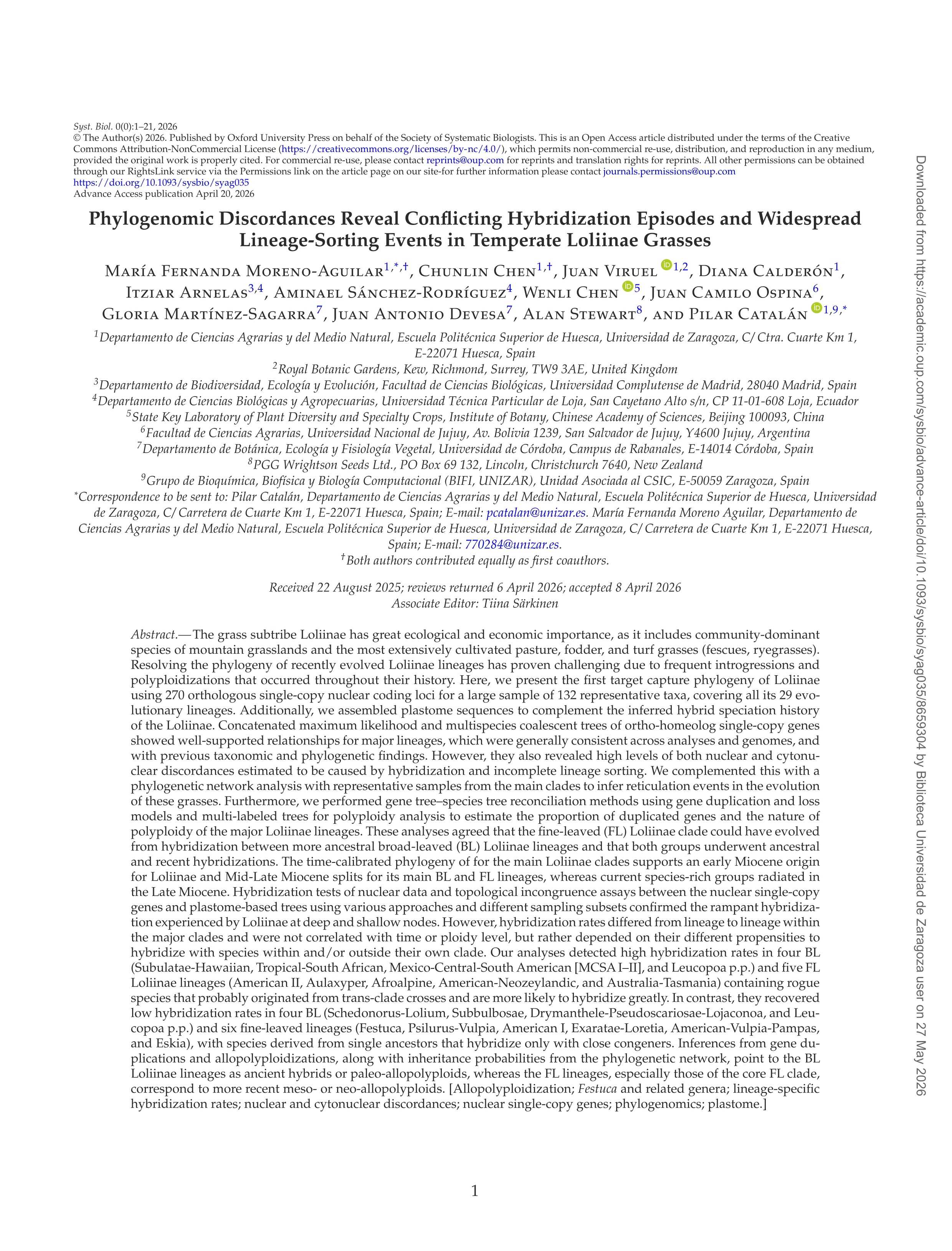 Phylogenomic Discordances Reveal Conflicting Hybridization Episodes and Widespread Lineage-Sorting Events in Temperate Loliinae Grasses