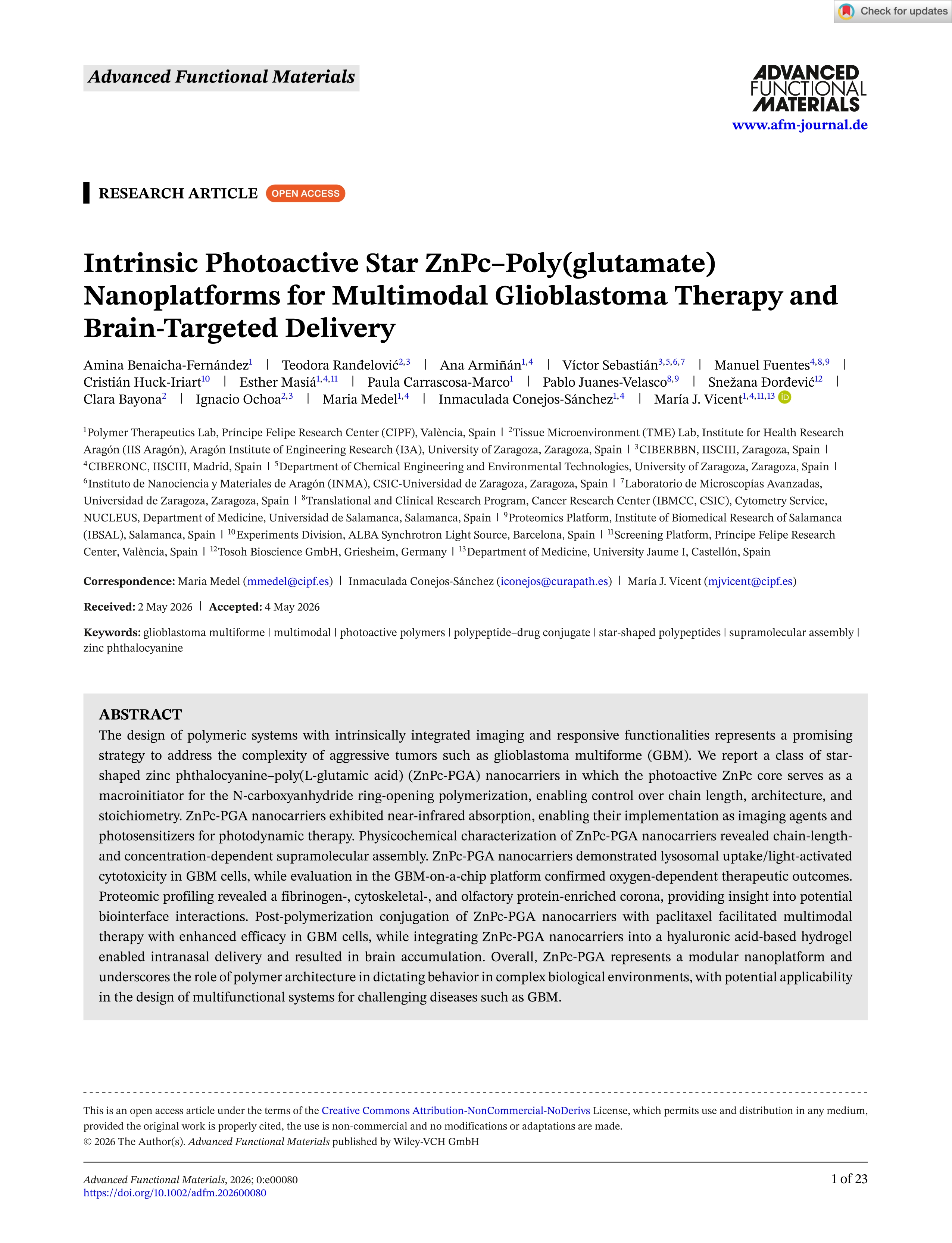 Intrinsic Photoactive Star ZnPc–Poly(glutamate) Nanoplatforms for Multimodal Glioblastoma Therapy and Brain‐Targeted Delivery