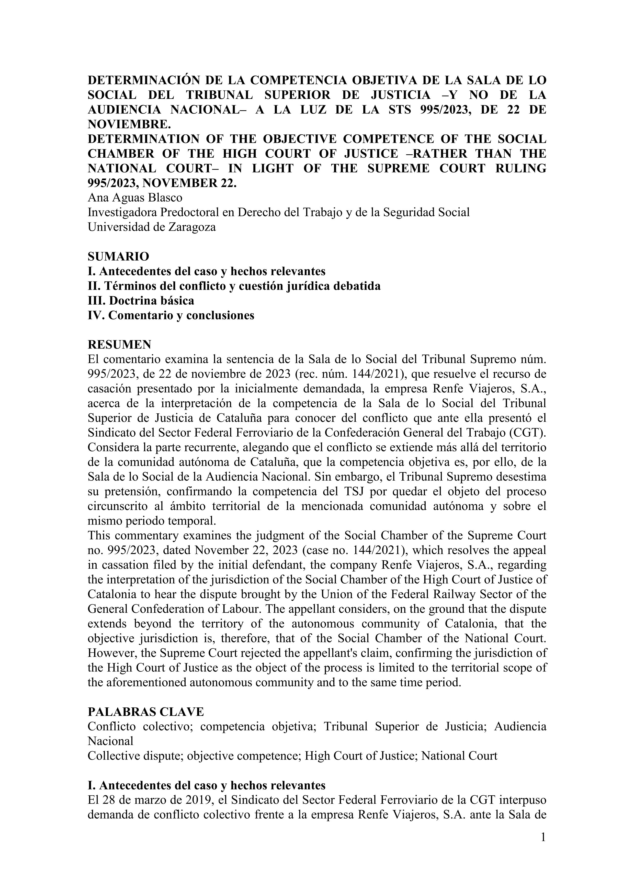 Determinación de la competencia objetiva de la Sala de lo Social del Tribunal Superior de Justicia y no de la Audiencia nacional a la luz de la STS 995/2023, de 22 de noviembre
