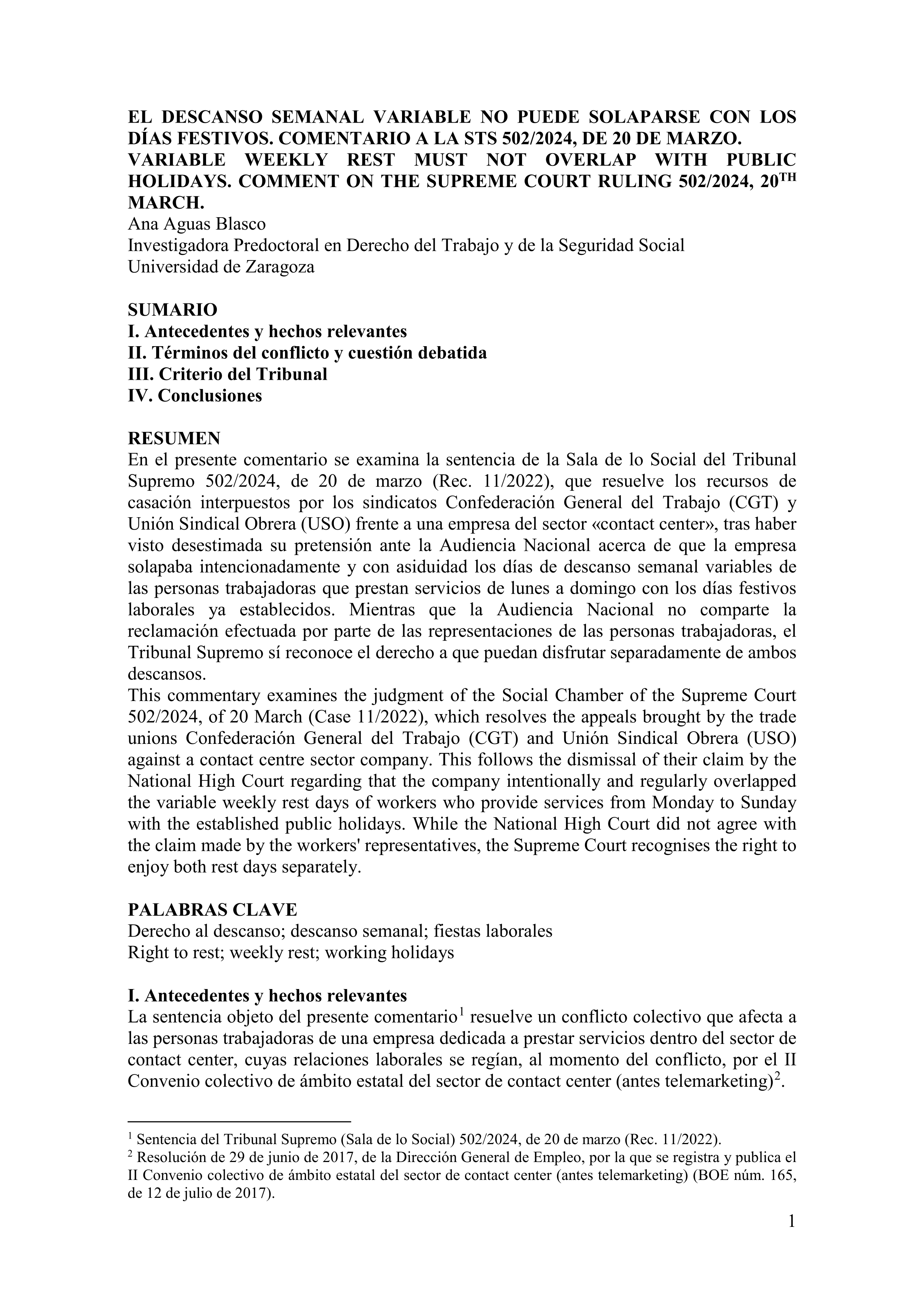 El descanso semanal variable no puede solaparse con los días festivos. Comentario a la STS 502/2024, de 20 de marzo