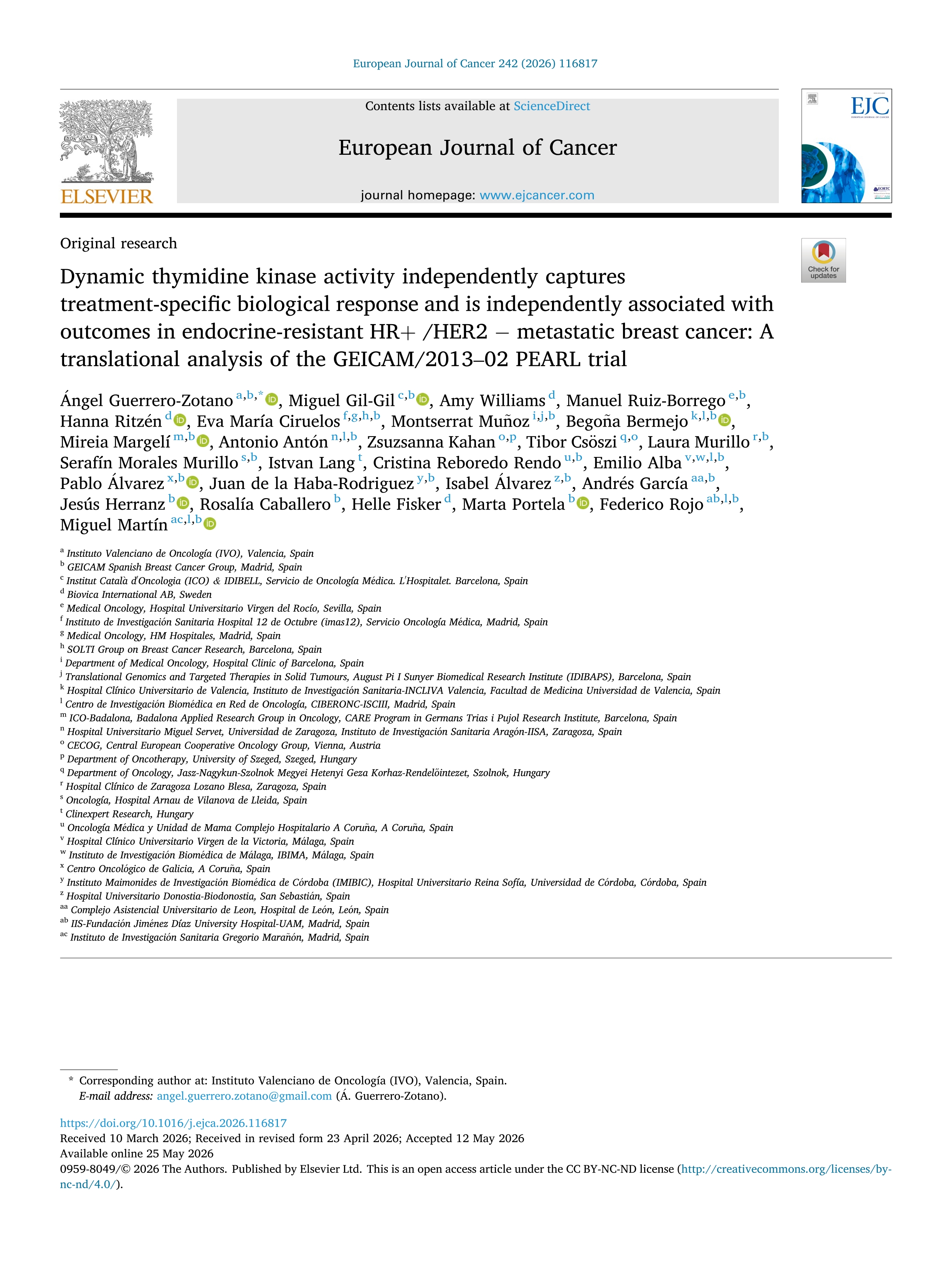 Dynamic thymidine kinase activity independently captures treatment-specific biological response and is independently associated with outcomes in endocrine-resistant HR+ /HER2 − metastatic breast cancer: A translational analysis of the GEICAM/2013–02 PEARL trial