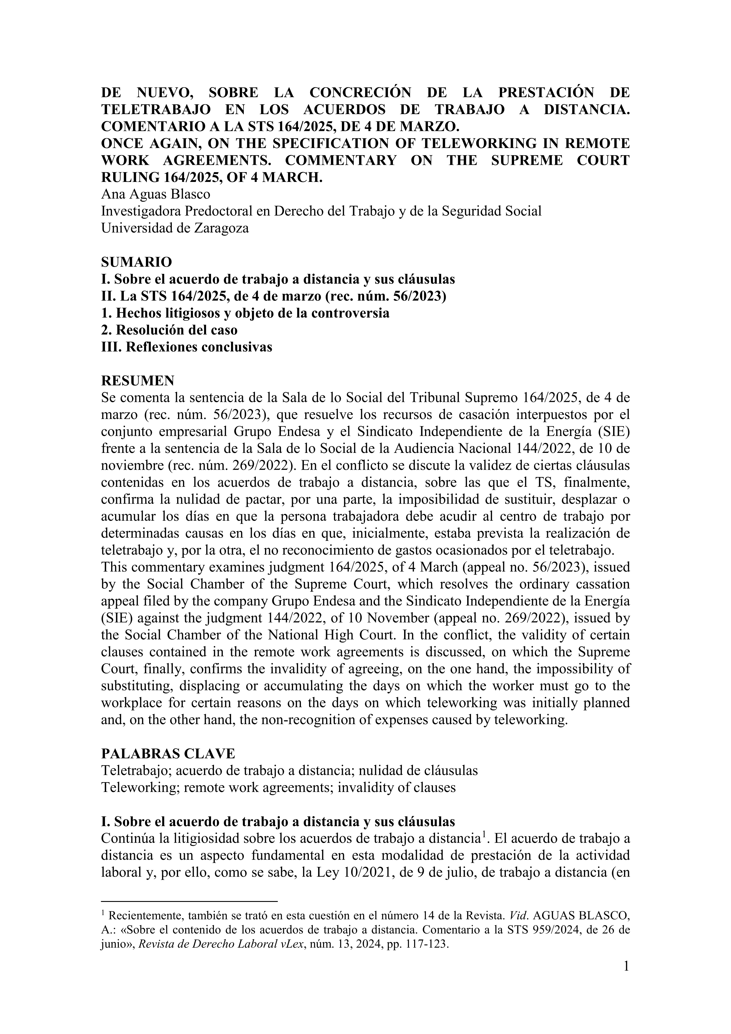 De nuevo, sobre la concreción de la prestación de teletrabajo en los acuerdos de trabajo a distancia. Comentario a la STS 164/2025, de 4 de marzo
