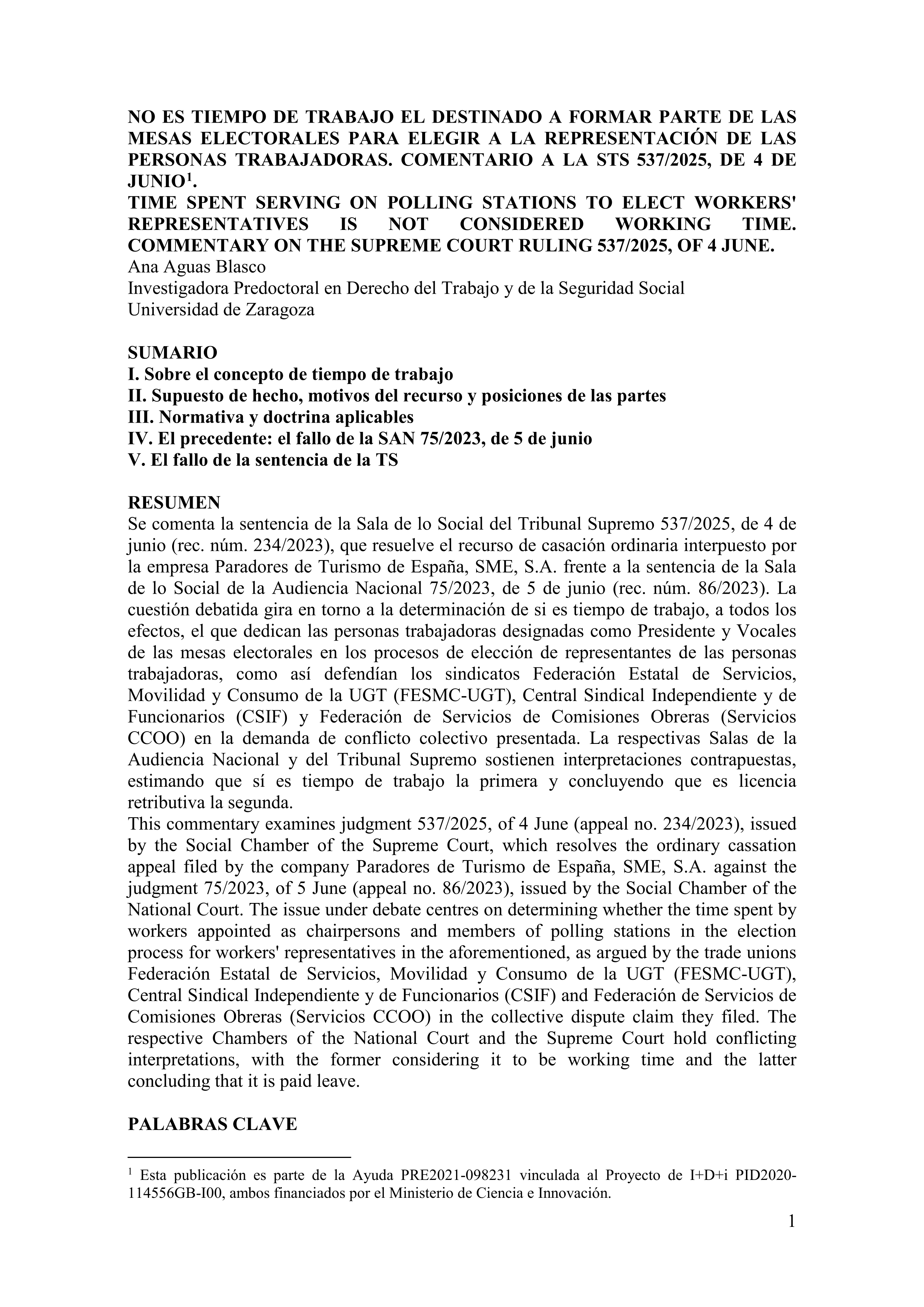 No es tiempo de trabajo el destinado a formar parte de las mesas electorales para elegir a la representación de las personas trabajadoras. Comentario a la STS 537/2025, de 4 de junio
