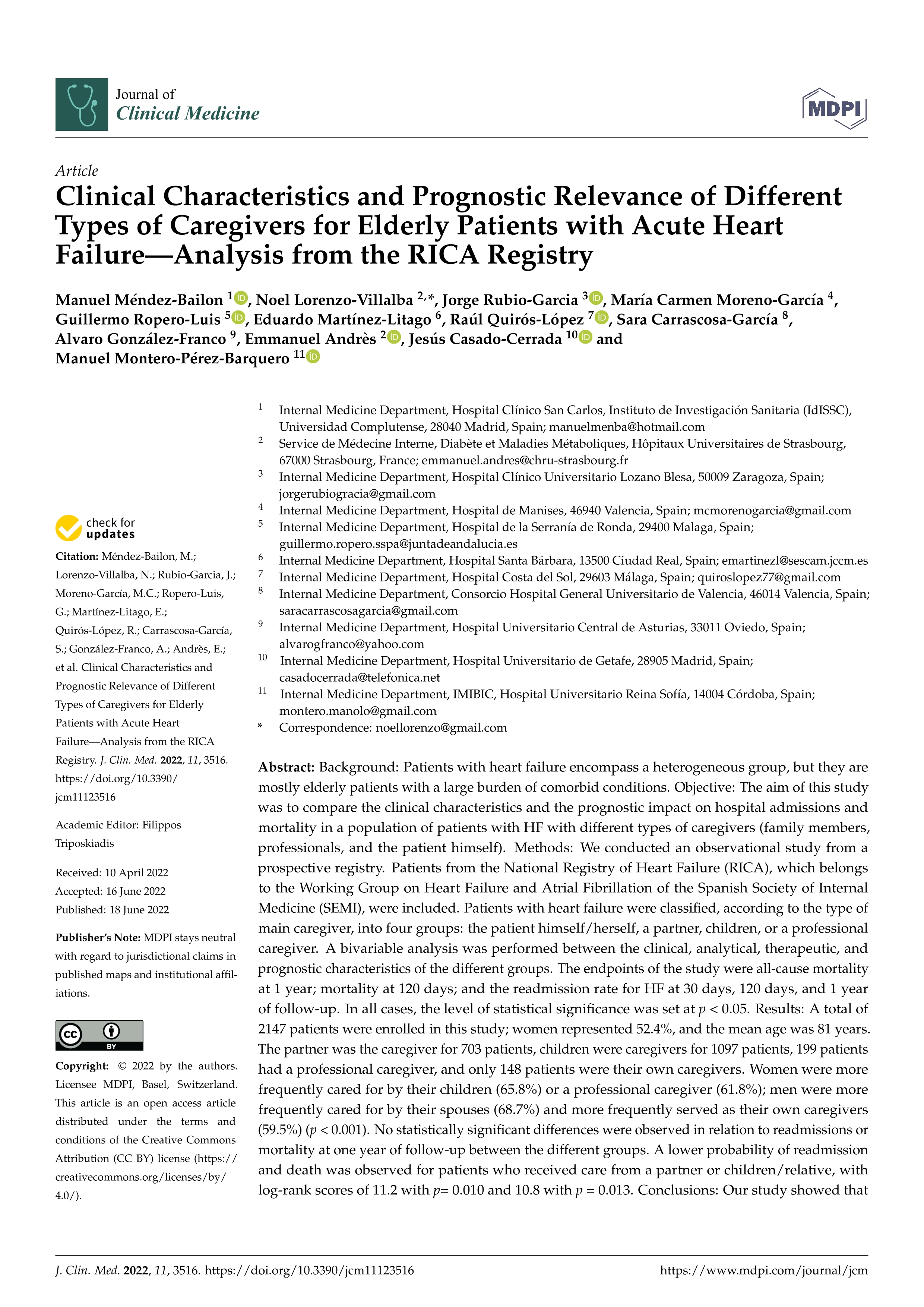 Clinical Characteristics and Prognostic Relevance of Different Types of Caregivers for Elderly Patients with Acute Heart Failure—Analysis from the RICA Registry