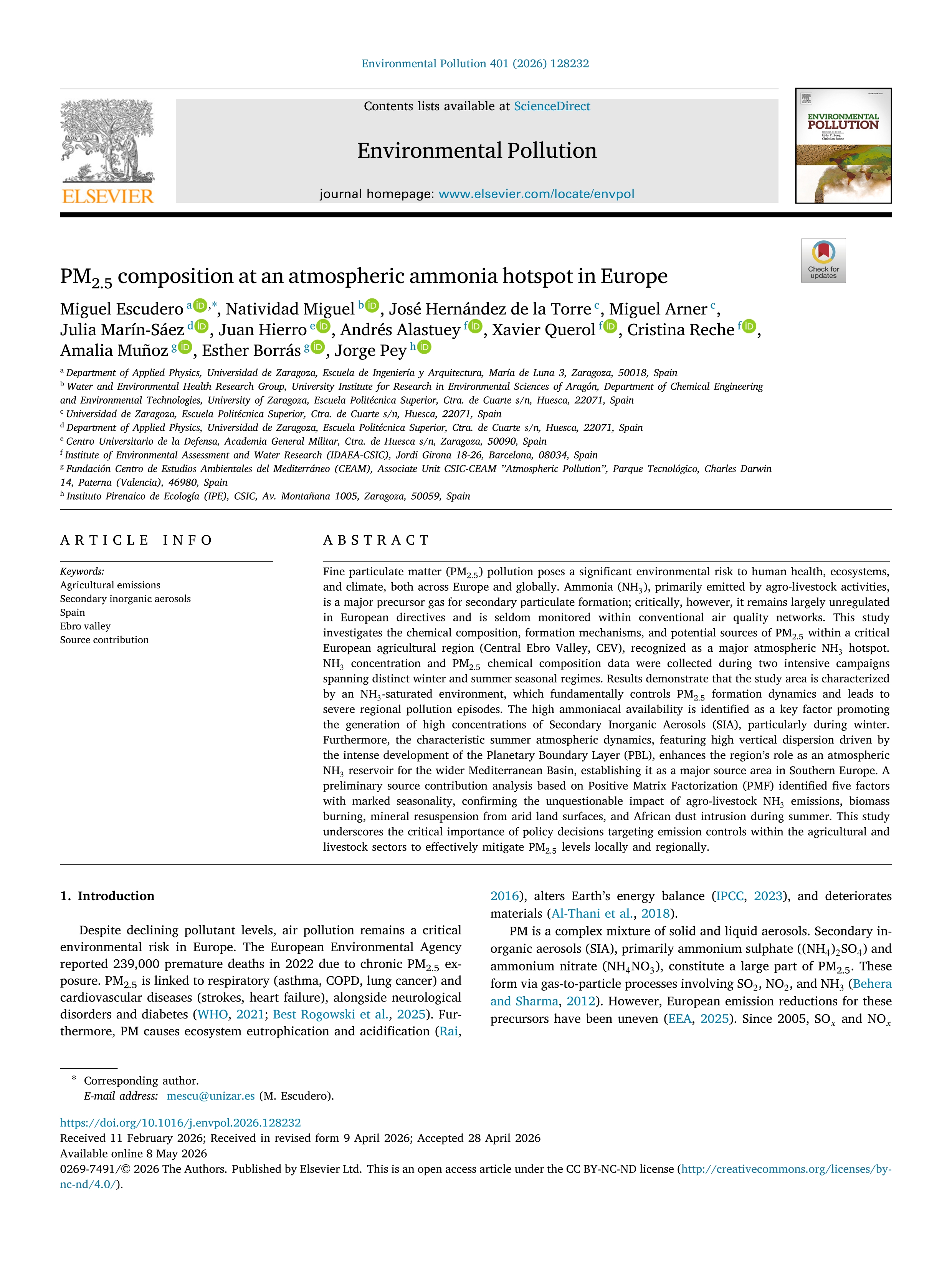 PM2.5 composition at an atmospheric ammonia hotspot in Europe