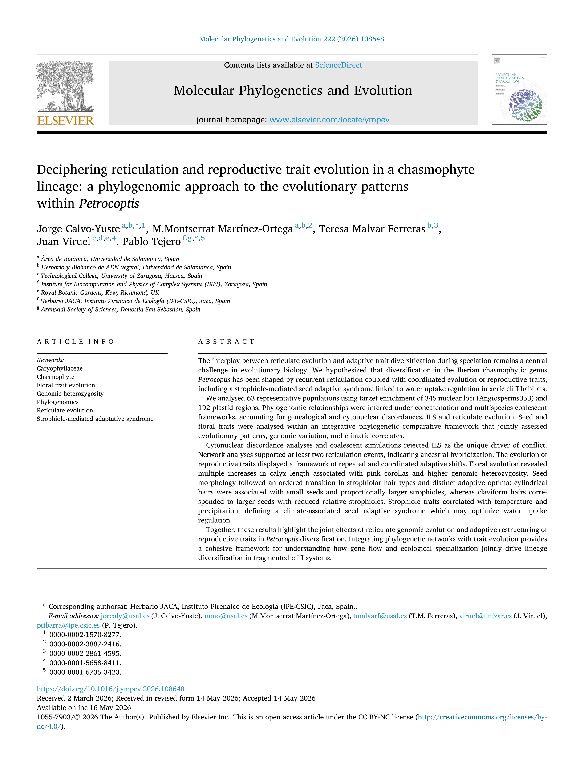 Deciphering reticulation and reproductive trait evolution in a chasmophyte lineage: a phylogenomic approach to the evolutionary patterns within Petrocoptis