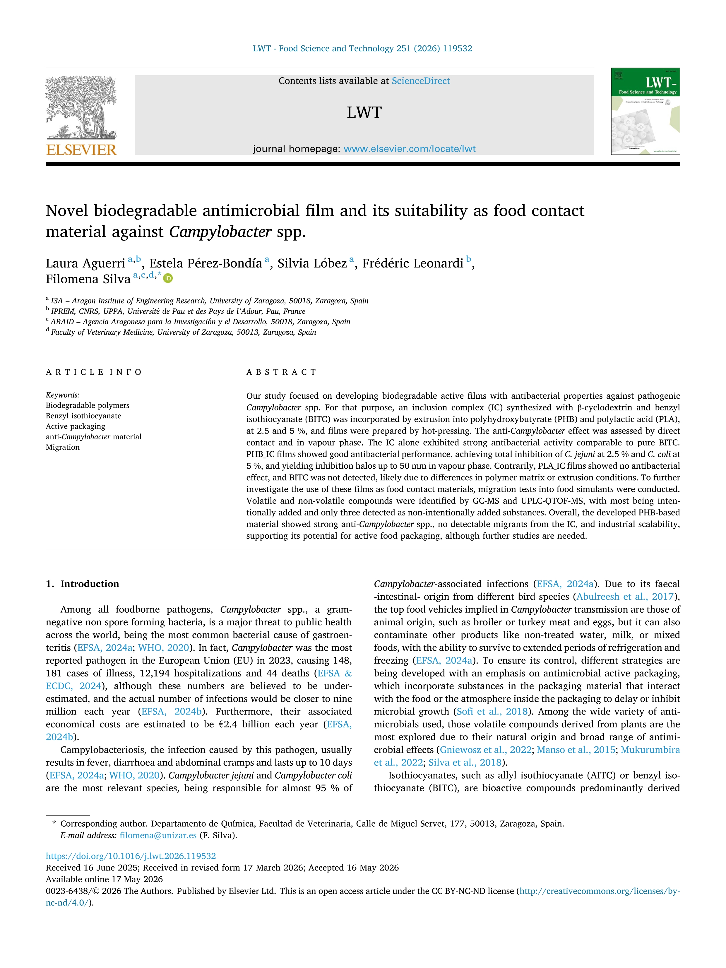 Novel biodegradable antimicrobial film and its suitability as food contact material against Campylobacter spp.