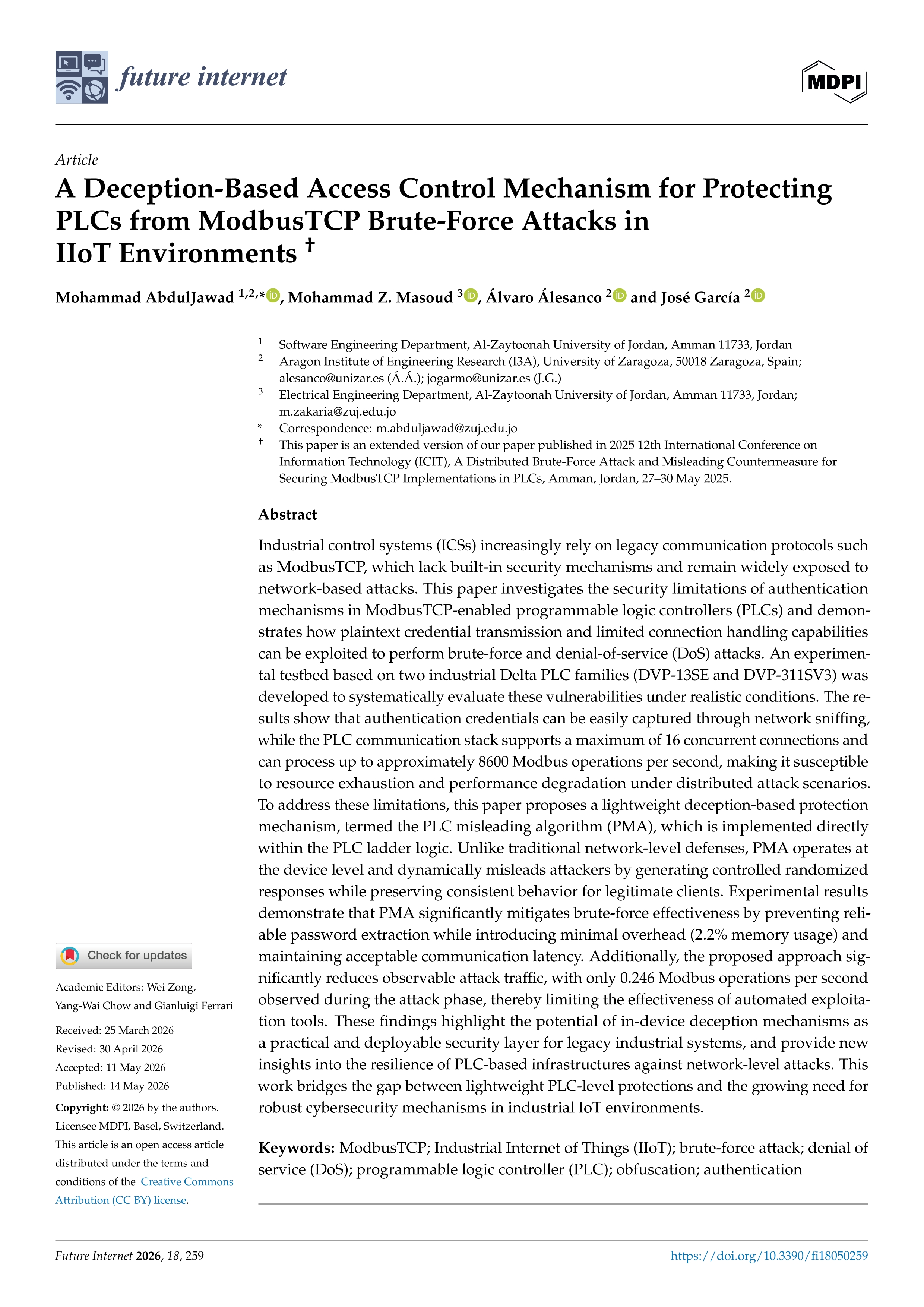 A Deception-Based Access Control Mechanism for Protecting PLCs from ModbusTCP Brute-Force Attacks in IIoT Environments