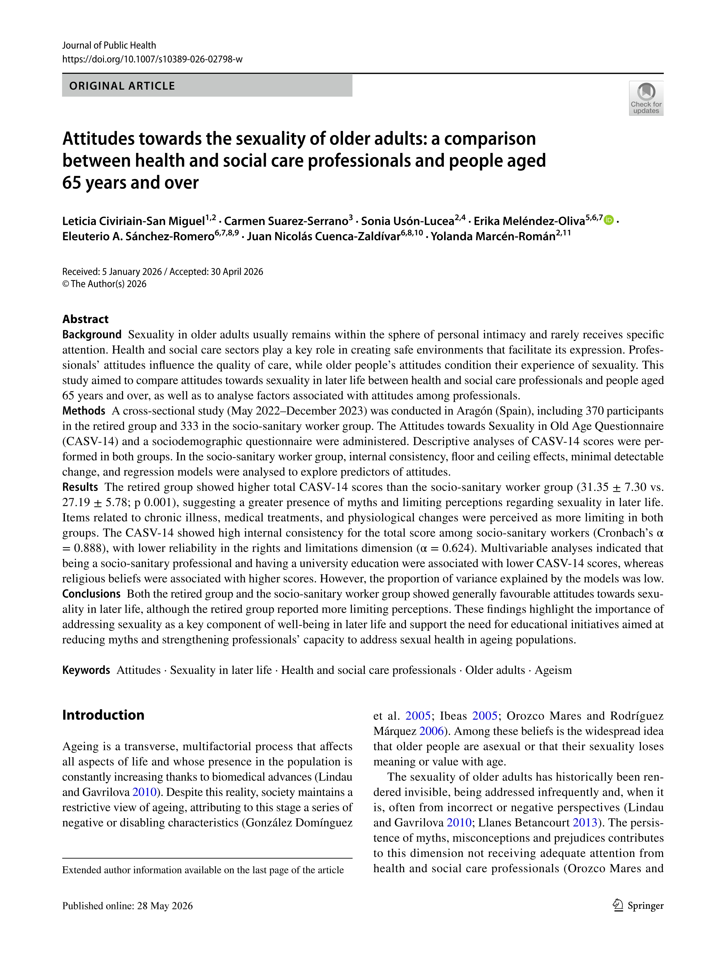 Attitudes towards the sexuality of older adults: a comparison between health and social care professionals and people aged 65 years and over