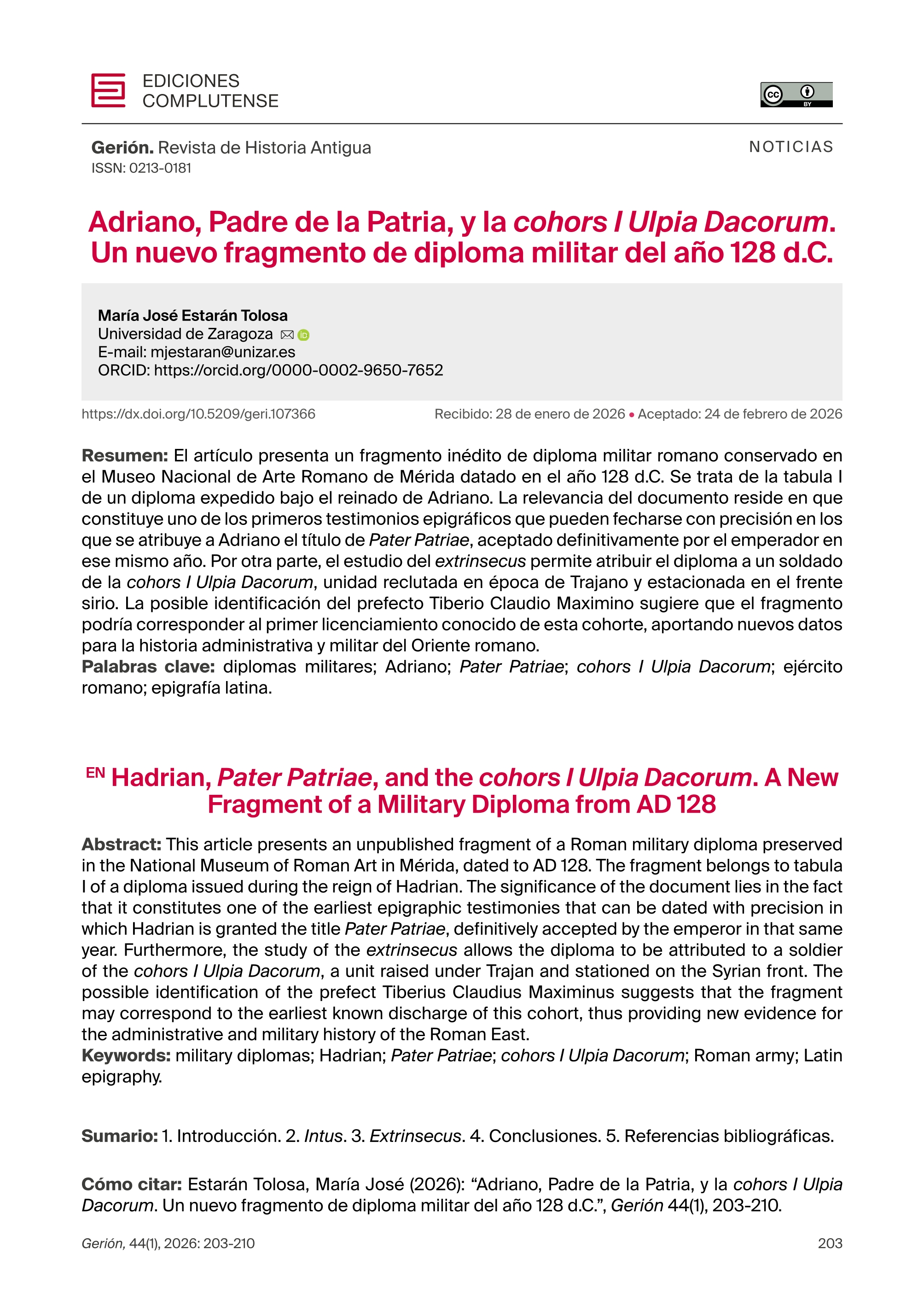 Adriano, Padre de la Patria, y la cohors I Ulpia Dacorum.  Un nuevo fragmento de diploma militar del año 128 d.C.