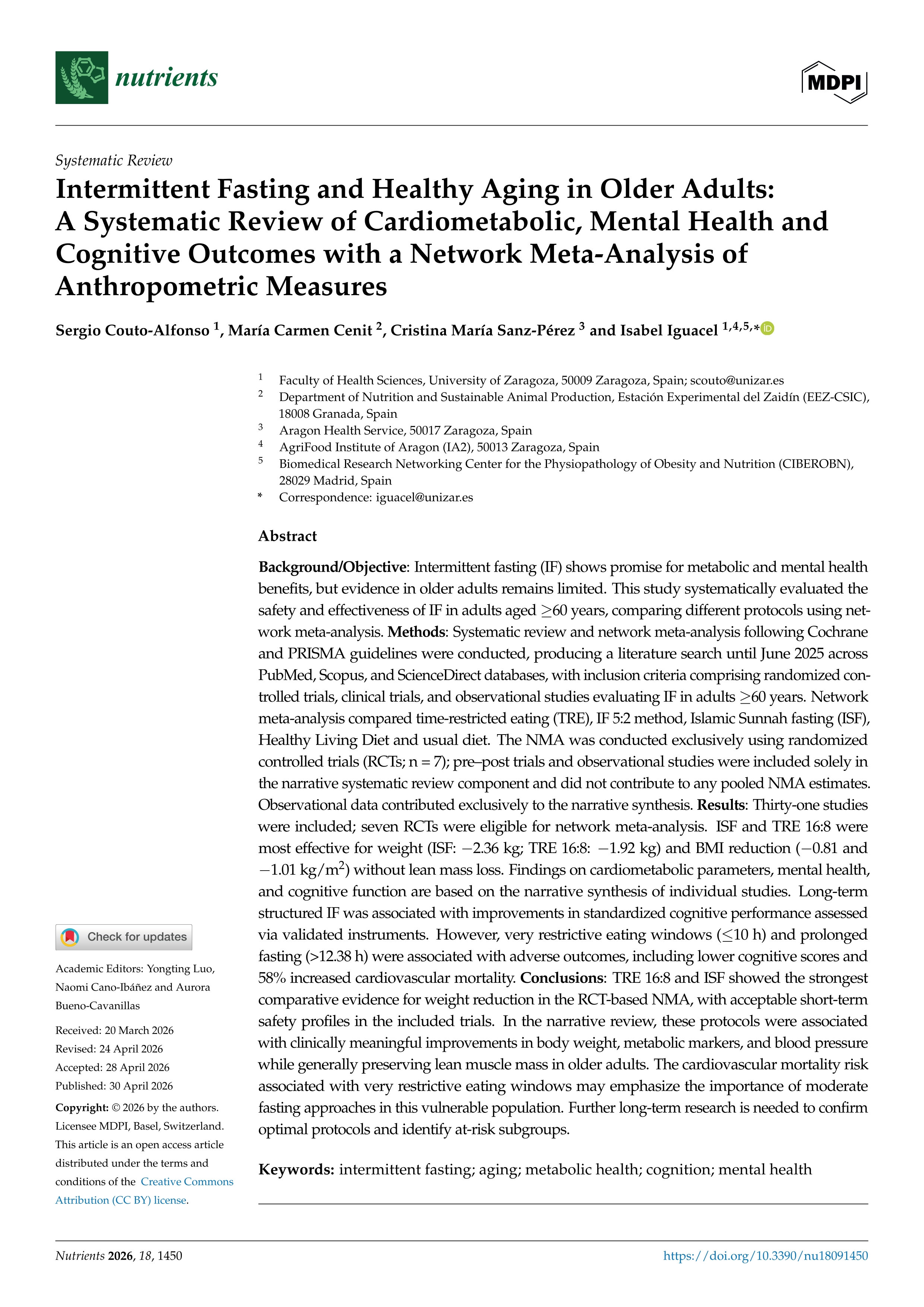 Intermittent Fasting and Healthy Aging in Older Adults: A Systematic Review of Cardiometabolic, Mental Health and Cognitive Outcomes with a Network Meta-Analysis of Anthropometric Measures