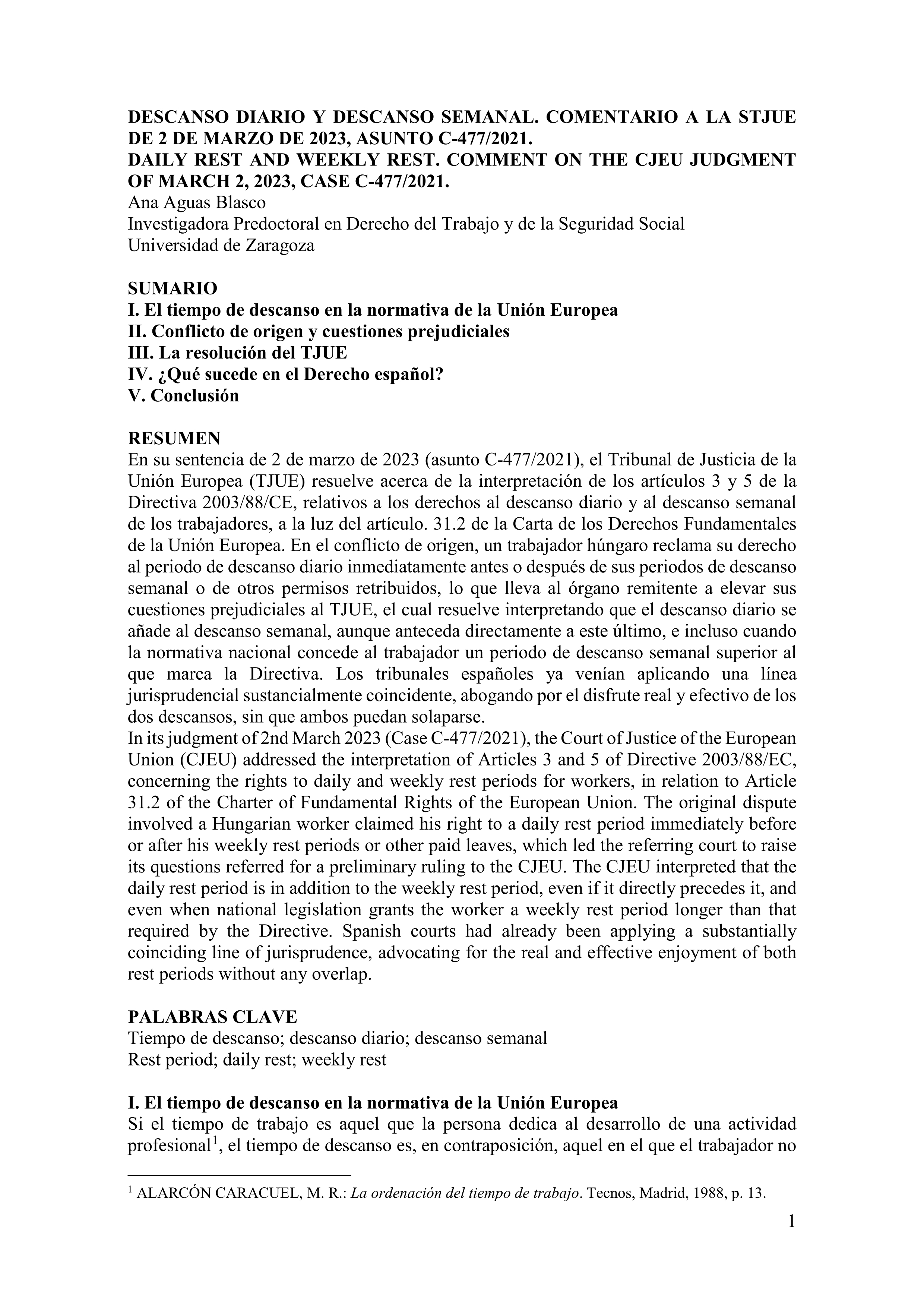 Descanso diario y descanso semanal. Comentario a la STJUE de 2 de marzo de 2023, asunto C-477/2021