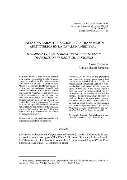 Hacia una caracterización de la transmisión aristotélica en la cataluña medieval