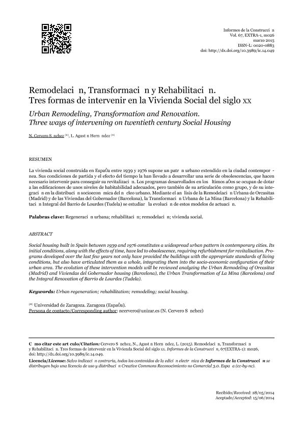 Remodelación, Transformación y Rehabilitación. Tres formas de intervenir en la Vivienda Social del siglo XX