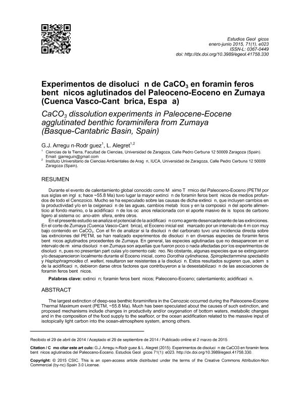 Experimentos de disolución de CaCO_3 en foraminíferos bentónicos aglutinados del Paleoceno-Eoceno en Zumaya (Cuenca Vasco-Cantábrica, España)