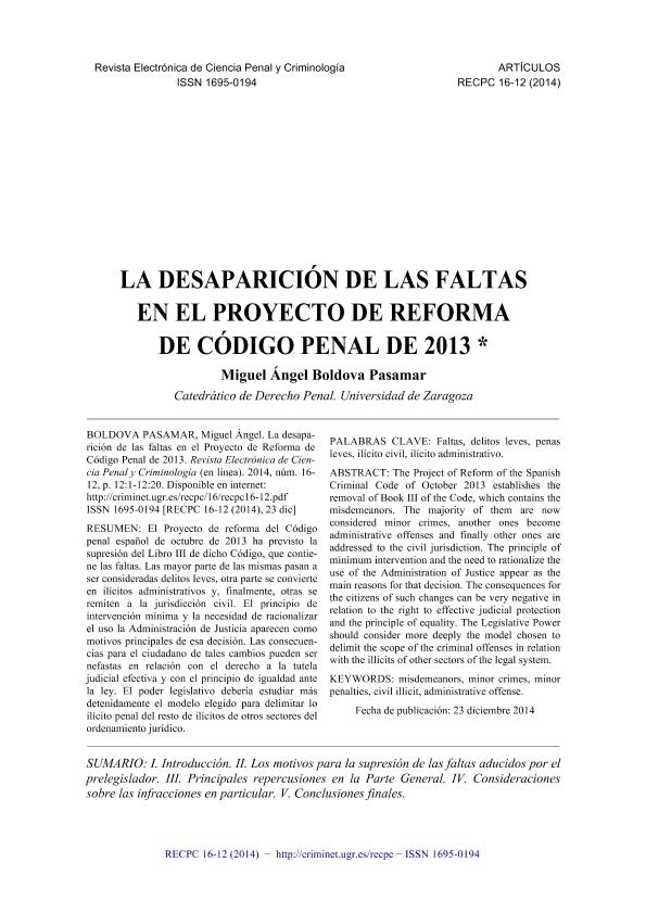 La desaparición de las faltas en el proyecto de reforma del Código Penal de 2013
