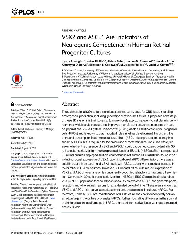 VSX2 and ASCL1 are indicators of neurogenic competence in human retinal progenitor cultures