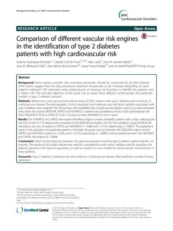 Comparison of different vascular risk engines in the identification of type 2 diabetes patients with high cardiovascular risk