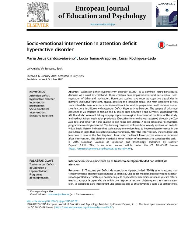 Socio-emotional intervention in attention deficit hyperactive disorder