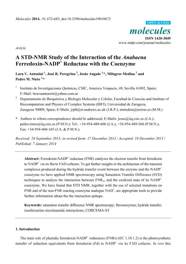 A STD-NMR study of the interaction of the Anabaena Ferredoxin-NAD P+ reductase with the Coenzyme