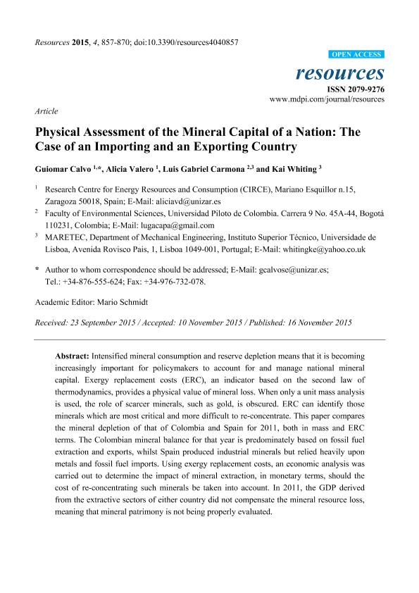 Physical assessment of the mineral capital of a nation: the case of an importing and an exporting country