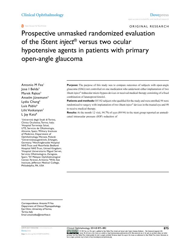 Prospective unmasked randomized evaluation of the iStent inject® versus two ocular hypotensive agents in patients with primary open-angle glaucoma