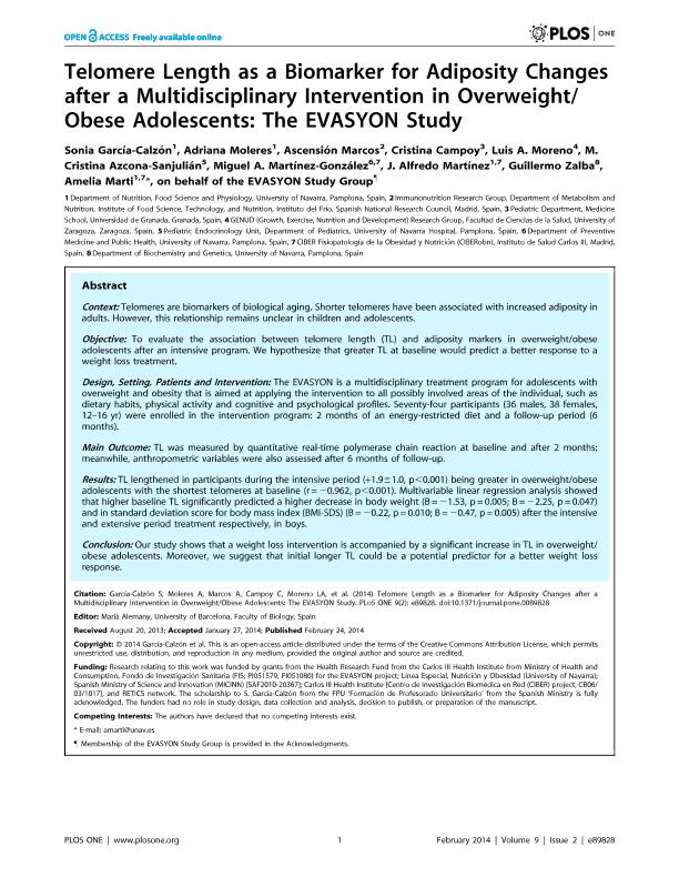 Telomere length as a biomarker for adiposity changes after a multidisciplinary intervention in overweight/obese adolescents: The EVASYON study