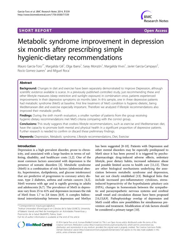 Metabolic syndrome improvement in depression six months after prescribing simple hygienic-dietary recommendations