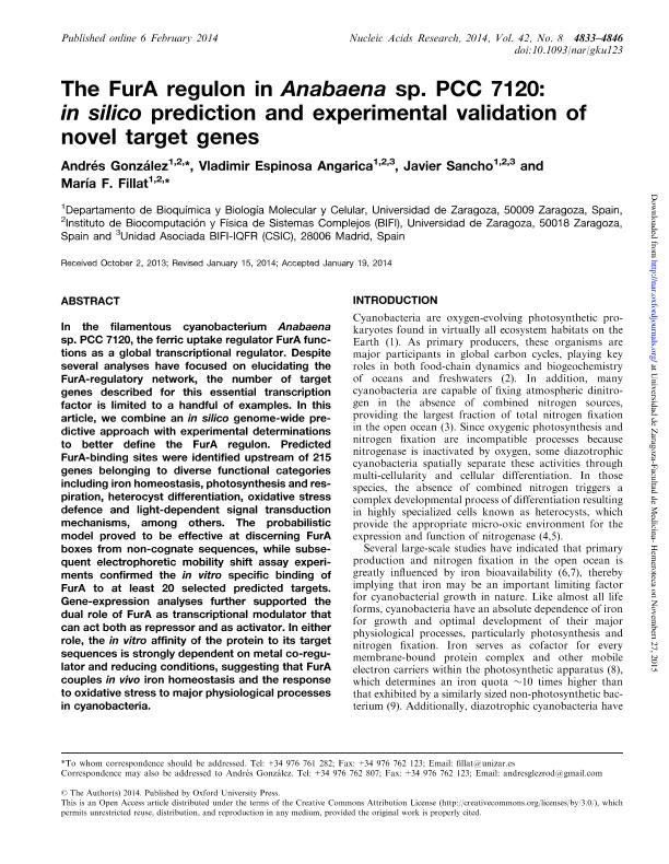 The FurA regulon in Anabaena sp. PCC 7120: In silico prediction and experimental validation of novel target genes