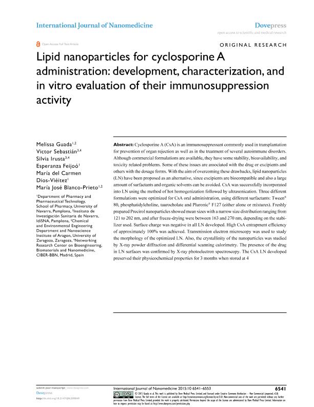 Lipid nanoparticles for cyclosporine a administration: Development, characterization, and in vitro evaluation of their immunosuppression activity