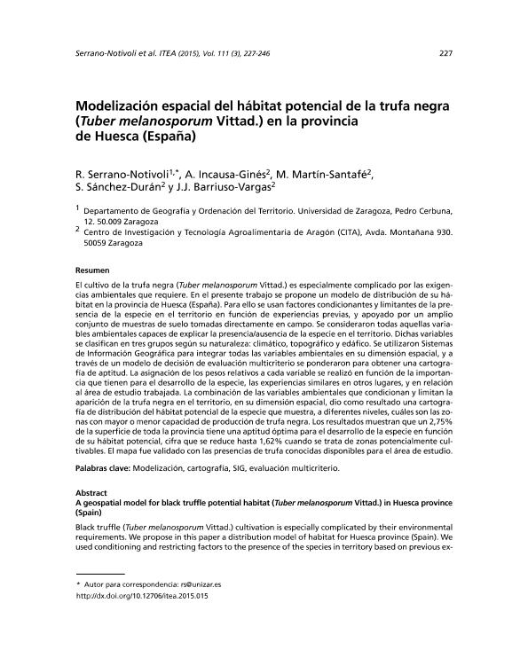 Modelización espacial del hábitat potencial de la trufa negra (Tuber melanosporum Vittad.) en la provincia de Huesca (España)