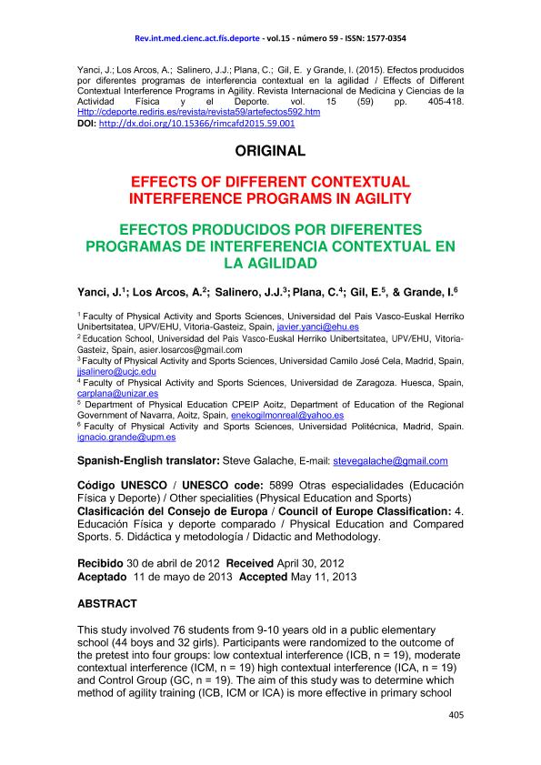 Effects of different contextual interference programs in agility (Efectos producidos por diferentes programas de interferencia contextual en la agilidad)