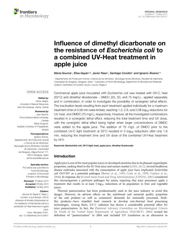 Influence of dimethyl dicarbonate on the resistance of Escherichia coli to a combined UV-Heat treatment in apple juice