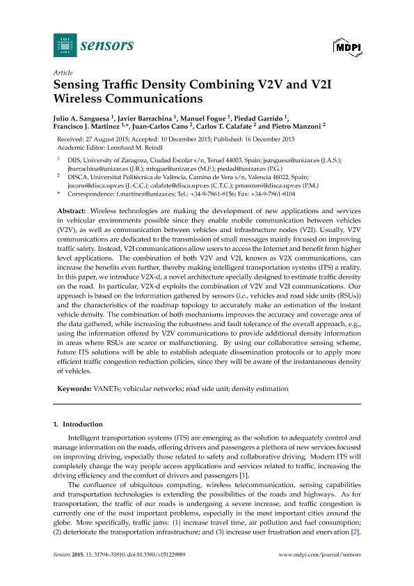 Sensing traffic density combining V2V and V2I Wireless Communications